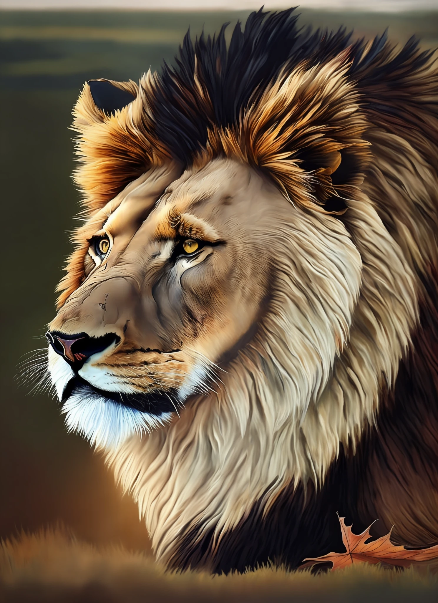 Painting of a lion running in the savannah, with a leaf mane, leaf skin Highly detailed realistic painting, highly detailed realistic painting, very detailed. realistic painting, very detailed realistic painting, ultra realistic illustration, beautiful realistic painting, stunning realistic painting, beautiful realistic painting, beautiful detailed realistic, detailed realistic painting, beautiful stunning realistic, highly detailed digital art