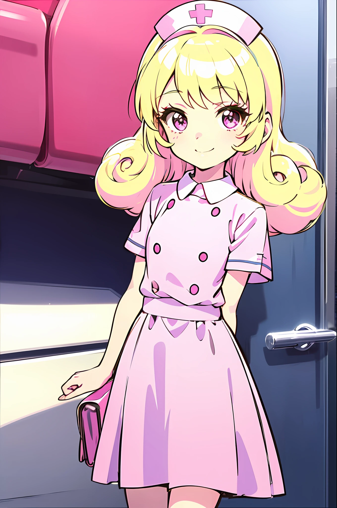 1girl, child, solo, cowboy shot, looking at viewer, smile, pink ,  hinata yume, blonde hair, child, curly hair, nurse uniform