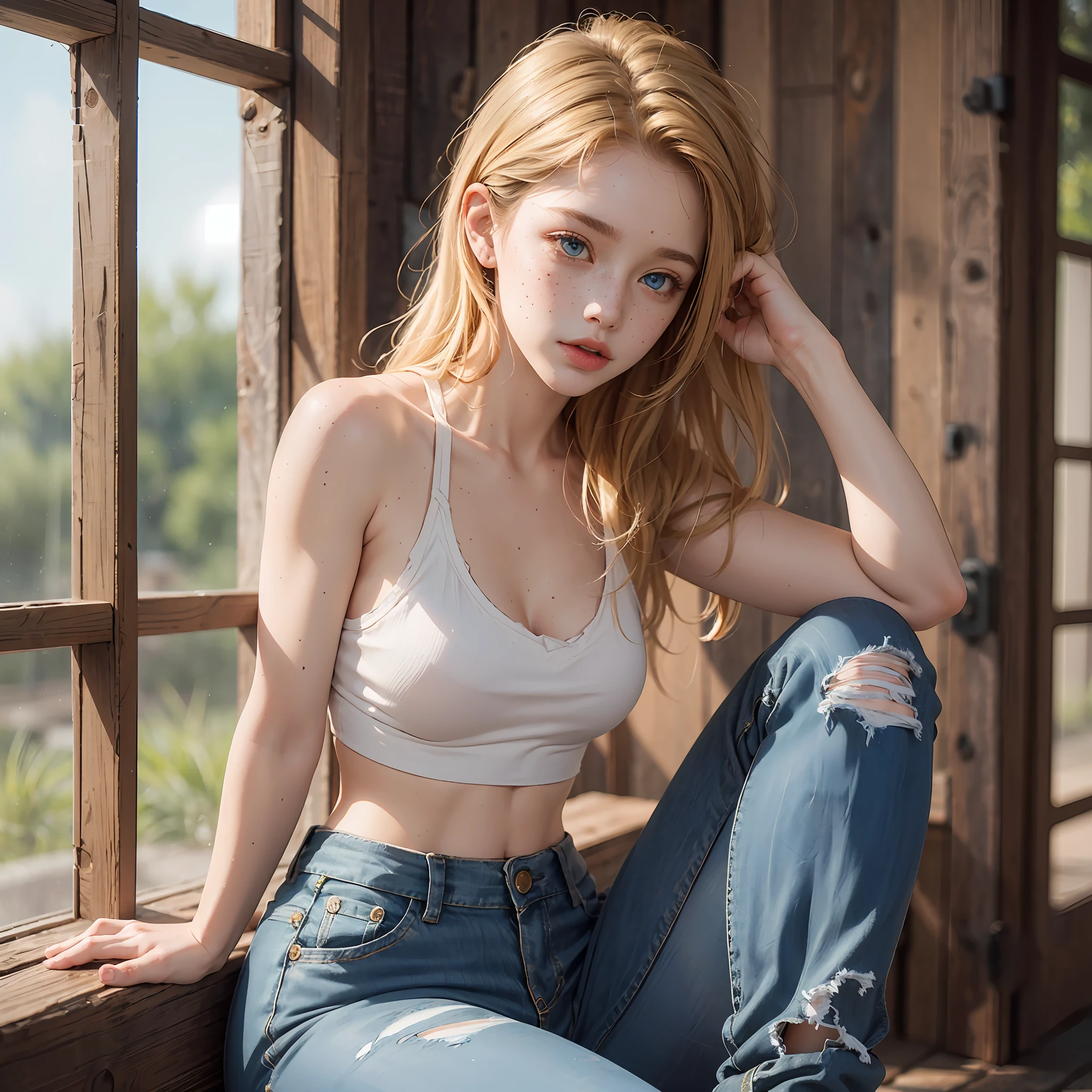  cowgirl. blonde. freckles. the tenderness of her blue eyes speaks of innocence and acceptance. Slender frame and beautiful figure. Toned and perfect. tight ripped jeans. crop top. shiny boots. ripped clothes exposing muscle. hyperrealist, lifelike, barn, ((best quality)), ((masterpiece)), (high-resolution:1.2)