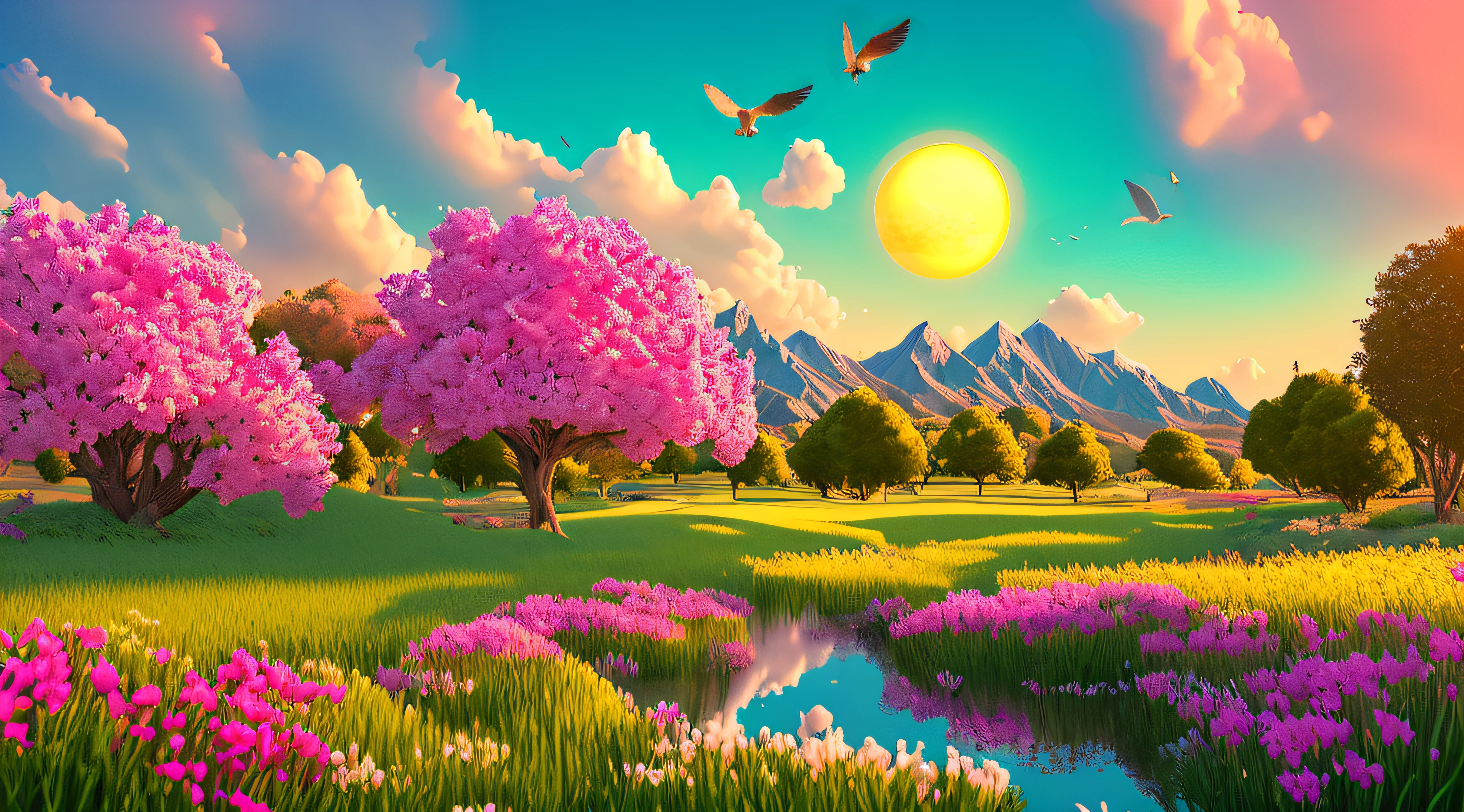 there are many birds flying over a field of flowers, scenic colorful environment, nature landscape, natural landscape beauty, 4k highly detailed digital art, beautiful art uhd 4 k, bright landscape, beautiful landscape, beautiful landscape background, natural landscape, background artwork, very beautiful digital art, beautiful dreamy landscape, magical landscape, extraordinary colorful landscape, beautiful composition 3 - d 4 k