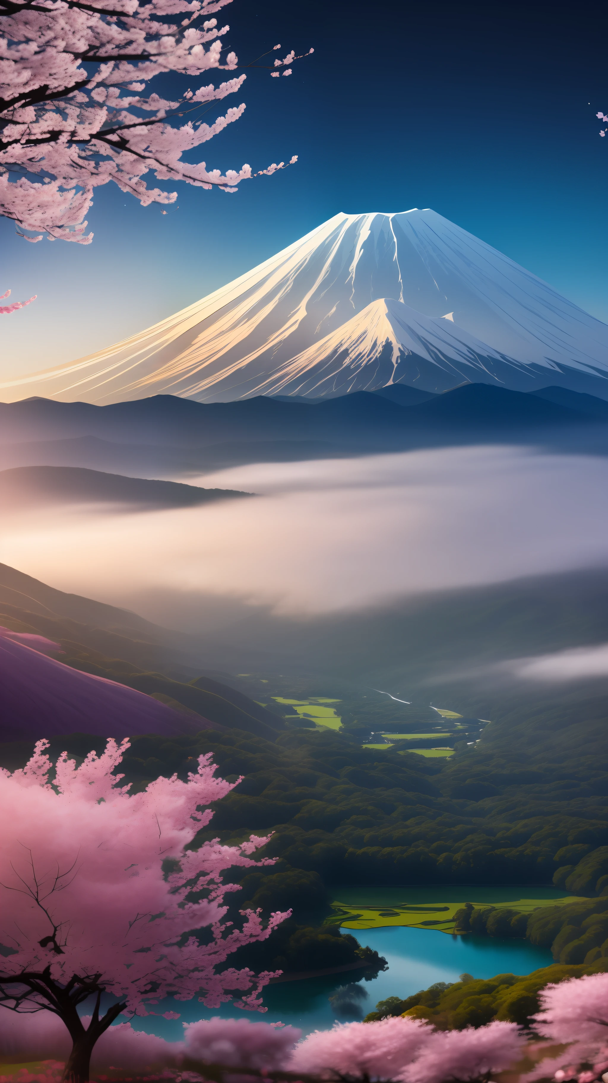 official art, RAW photo of a landscape, small details, (photorealistic:1.4), ultra-realistic photo, 8k uhd, dslr, high quality, film grain, Fujifilm XT3, (masterpiece), Mt.fuji, (solo:1.4), snow-capped mountain, lush green mountain slope, clouds billowing over the mountain slopes, (a lot of cherry blossom:1.3), (sunset), deep forests, several lakes, (mist drifting over the lake:1.2), milky way, twinkling stars, wide-angle,