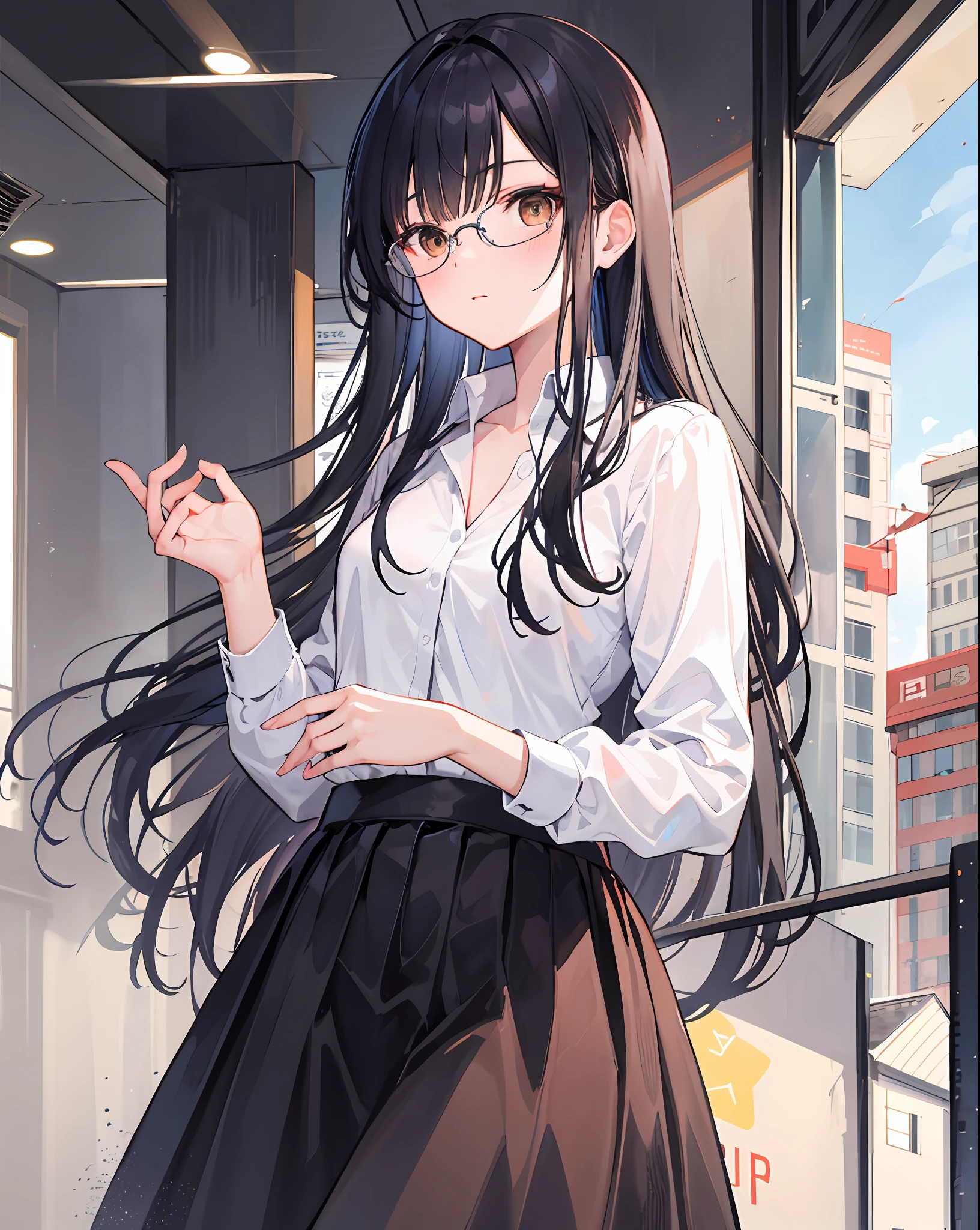 1 girl, honor student, glasses, seraphuk, black hair, brown eyes, long hair, middle chest