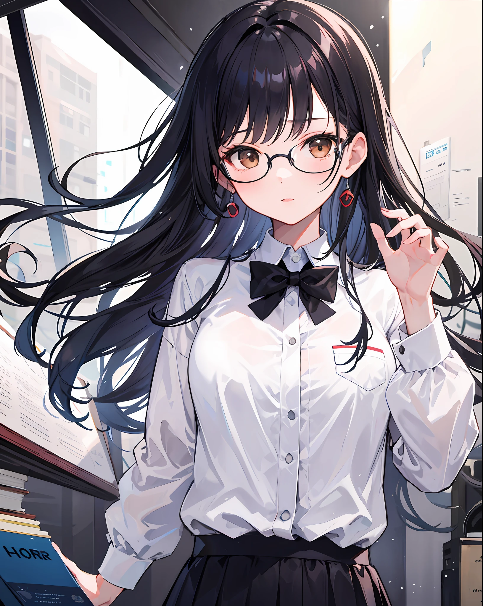 1 girl, honor student, glasses, seraphuk, black hair, brown eyes, long hair, middle chest