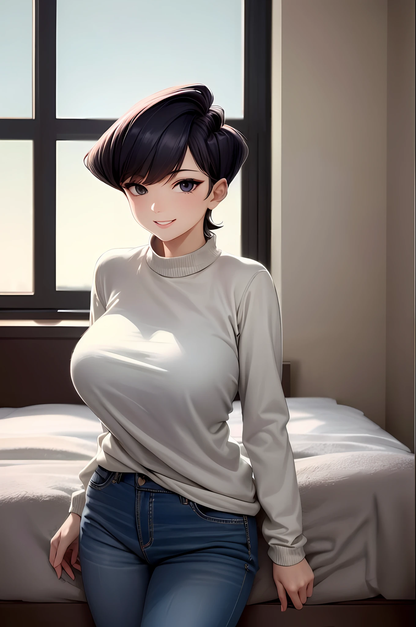 (komishuuko),beautiful,masterpiece, best quality, extremely detailed face,perfect lighting,smile,indoors,bedroom,window,beautiful backdrop,long sleeve sweater,denim pants,huge breasts,sunny,looking at viewer,(1girl:1.3)