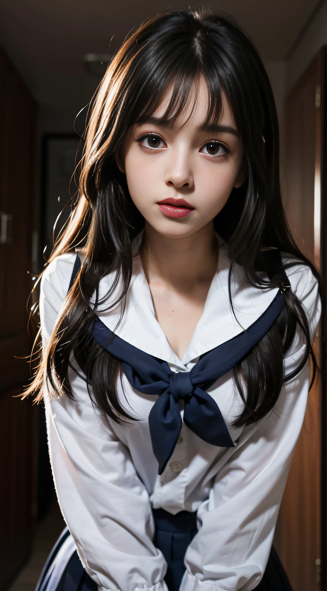 (dasha taran),upper half of body,Big eyes,small face,school uniform,bangs,in the dark,thick body,huge breasts