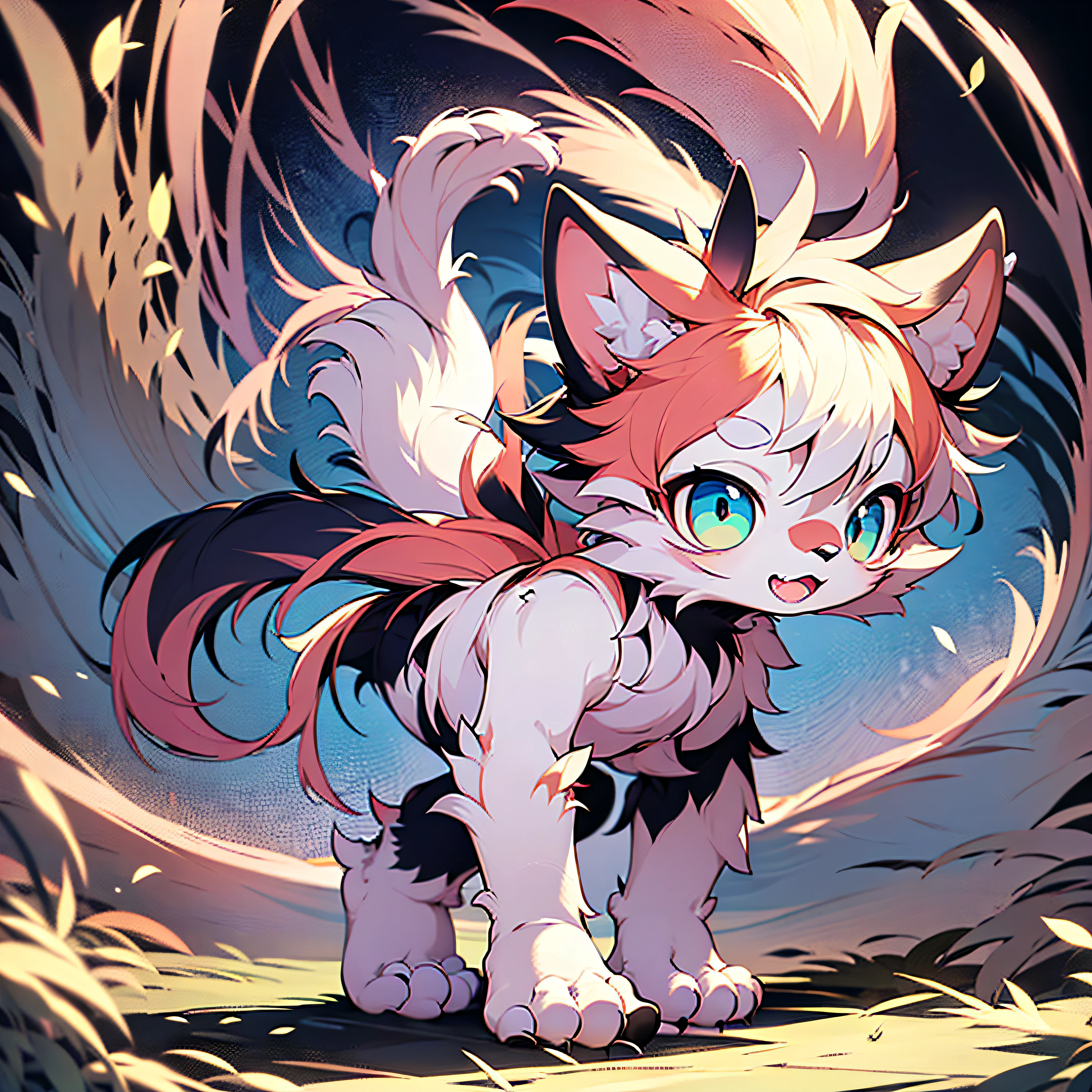 Furry Canine Forelimb Hands Hind Limb Leg Foot Standing Shota Little Boy Overall White Head, Arms, Body and Legs with Bluish Black Pattern All Body Pink Meat Pad Eyes Pupil Blue Furry No Clothing Two Ears Bend Push Palm Spread Kawaii Super Cute Face Furry Volume Light Super Fine Fur Ambient Light