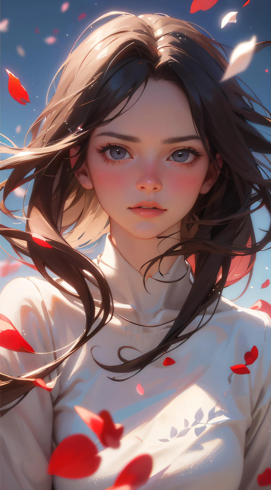 (best quality, masterpiece, ultra-realistic), 1 beautiful and delicate portrait of a girl, playful and cute, with floating petals in the background