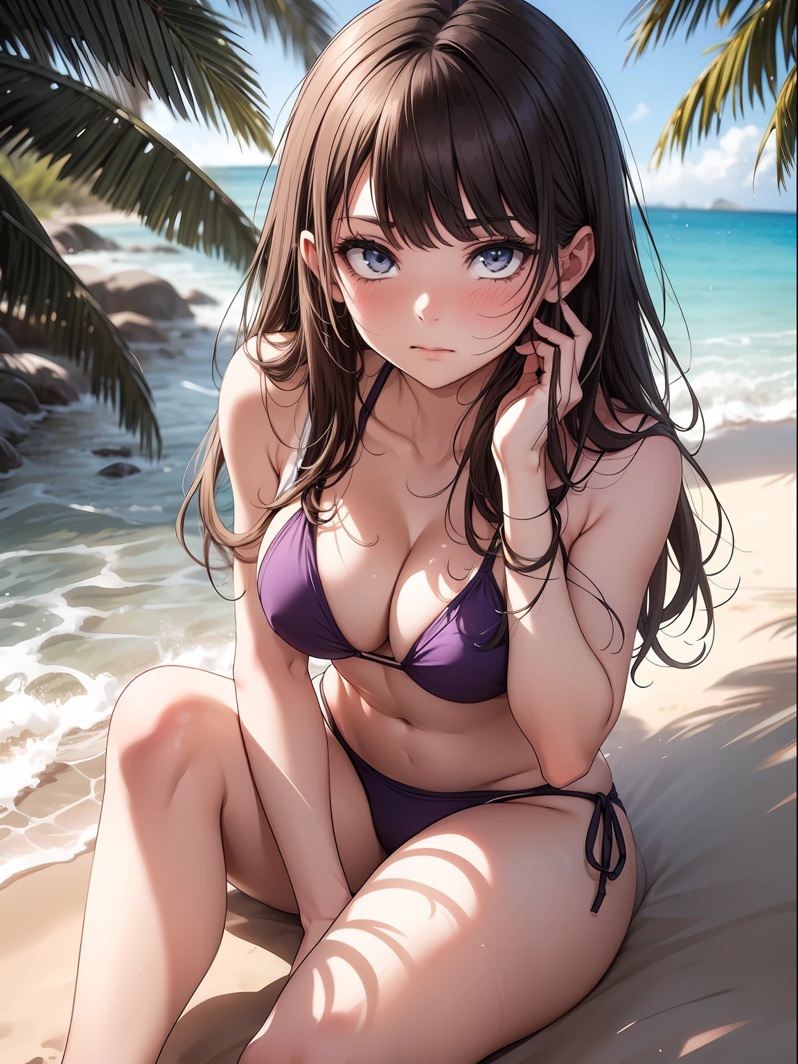 Draw an 18-year-old beautiful girl spending time on the beach. She is and short in stature, with long purple hair and bright yellow eyes. She wears a summery bikini. Her expression is embarrassed and I feel a little mischievous. She sits on a white sandy beach. Her eyes are very beautiful.