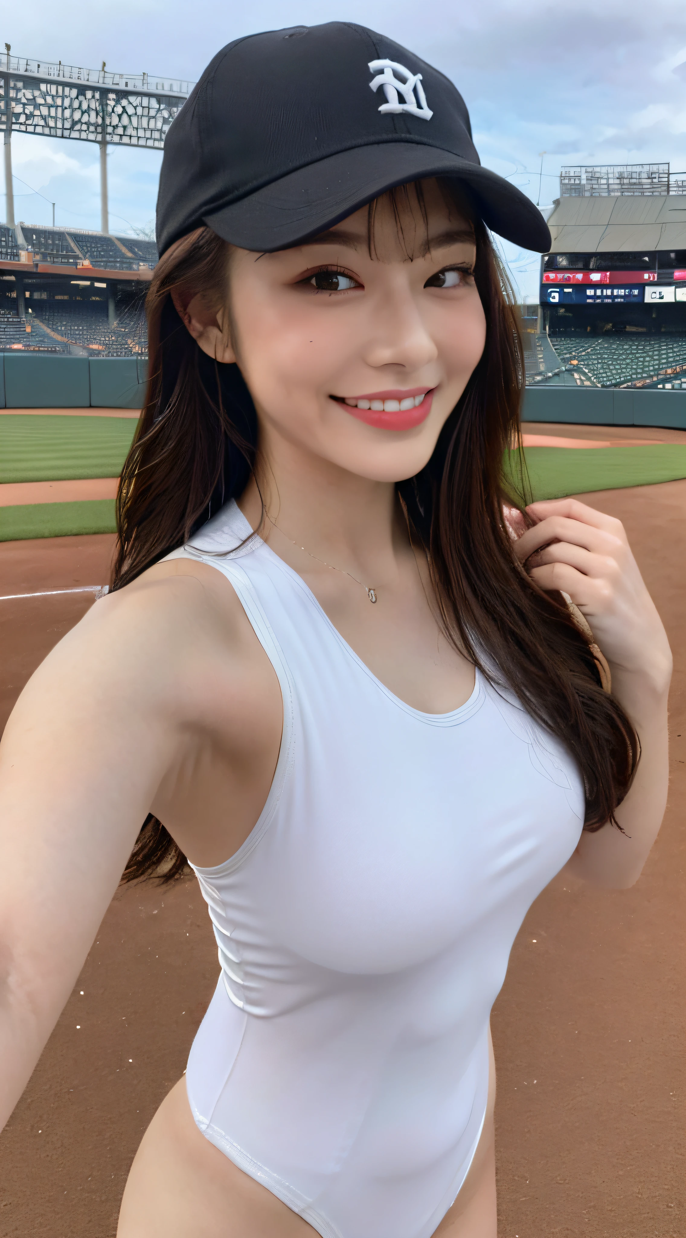 (Top Quality, 8k, Masterpiece: 1.3), Beautiful Woman with Perfect Figure: 1.4, Dark Brown Hair, Wearing a Baseball Cap, Wearing a Swimsuit, On a Baseball Stadium, Very Detailed Face and Skin, Detailed Eyes, Big, Smile
