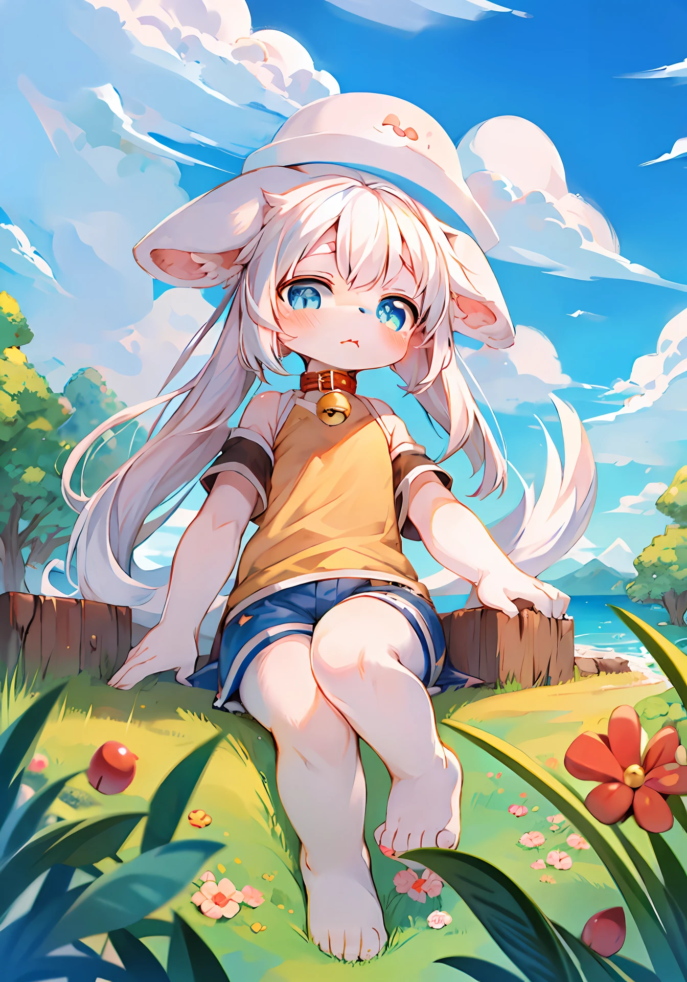 Masterpiece, high quality, absurd resolution, digital painting \ (artwork \), by dagasi, yupa, kiyosan, (fluffy fur, white fur, full body fur,), boys, blue eyes, white hair, shorts, barefoot, sitting cross-legged, bright eyes, panorama, eating, character focus. Detailed background, cloud background, (bell, pet collar, short sleeves: 1.2)