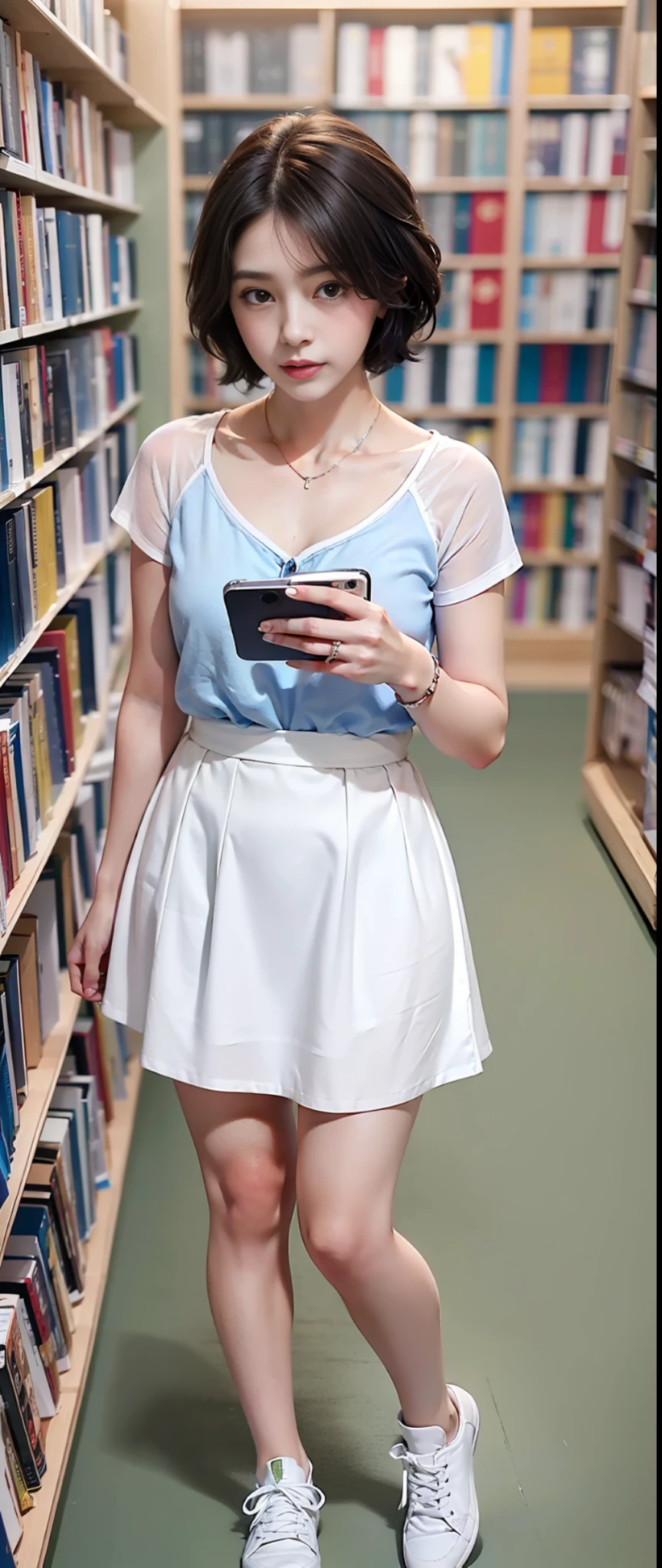 8K, Best Quality, Masterpiece, Ultra High Resolution, (Realism: 1.4), Original Photo, (Realistic Skin Texture: 1.3), (Film Grain: 1.3), (Selfie Angle). 1 girl in bookstore ,full body, beautiful eyes, blue short hair,,white short skirt,white sneaker shoes.