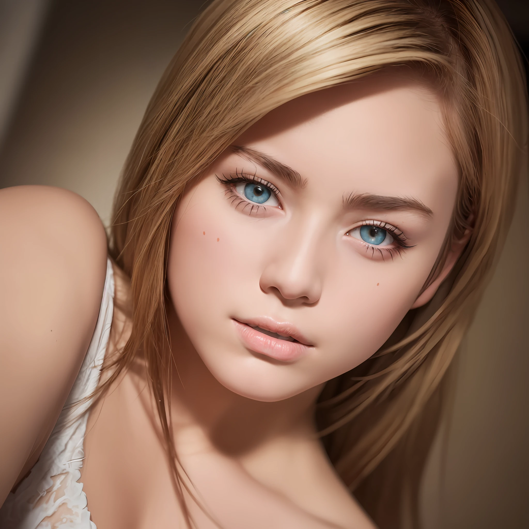 8K, best quality, masterpiece, ultra high res, (photorealistic: 1.4), raw photo, (authentic skin texture: 1.3), (film grain: 1.3), (selfie angle), 1girl blonde with beautiful detailed brown eyes and face, masterpiece, best quality, close-up, top body,