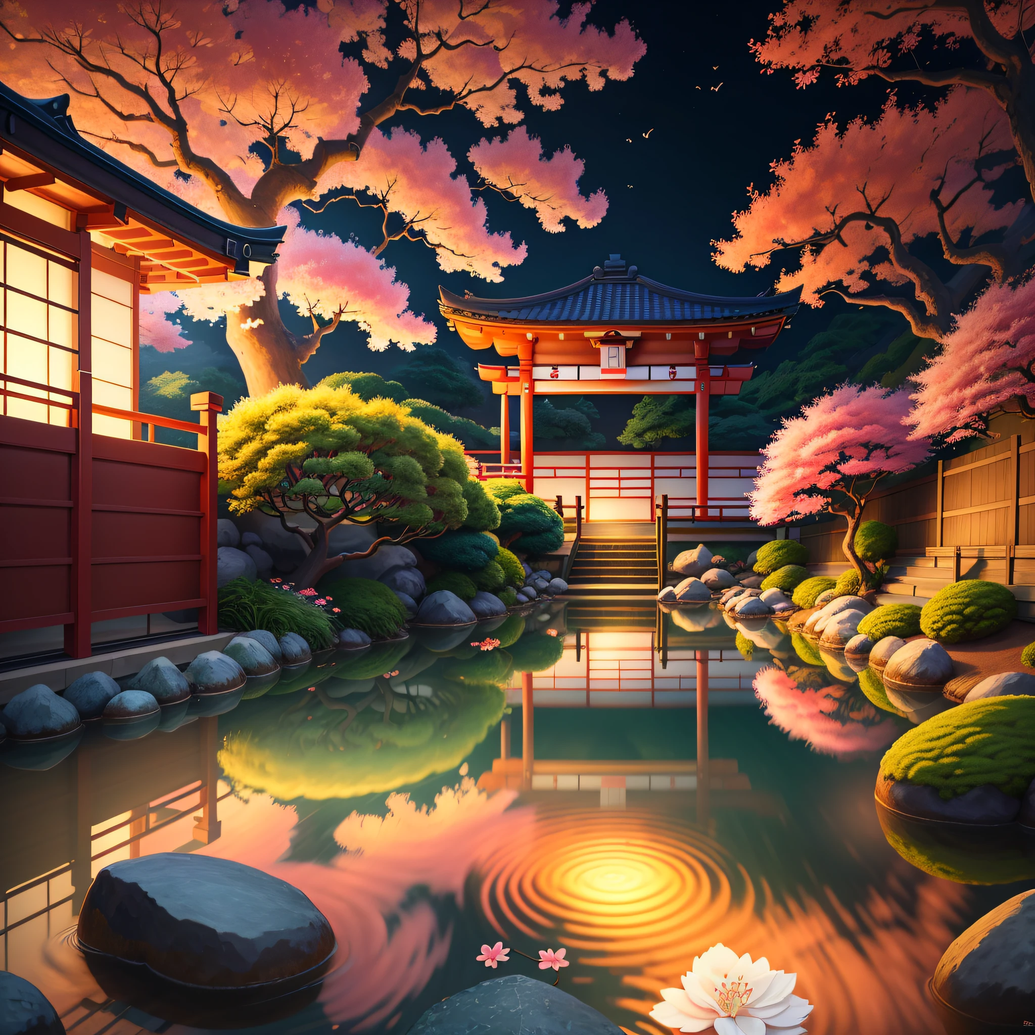 (digital painting),(best quality), serene Japanese garden, cherry blossoms in full bloom, koi pond, footbridge, pagoda, Ukiyo-e art style, Hokusai inspiration, Deviant Art popular, 8k ultra-realistic, pastel color scheme, soft lighting, golden hour, tranquil atmosphere, landscape orientation