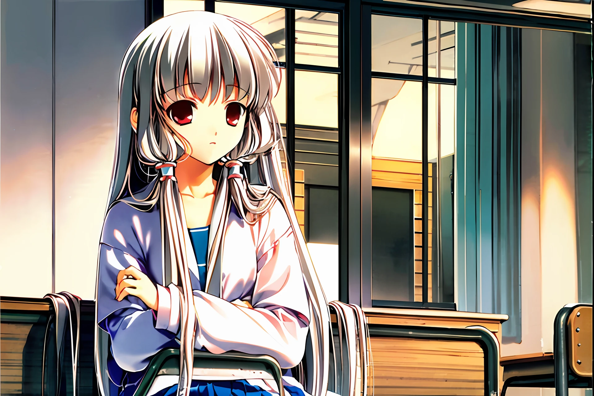 masterpiece, best quality, 1 girl, nanami, school uniforms, classroom, sitting, long hair