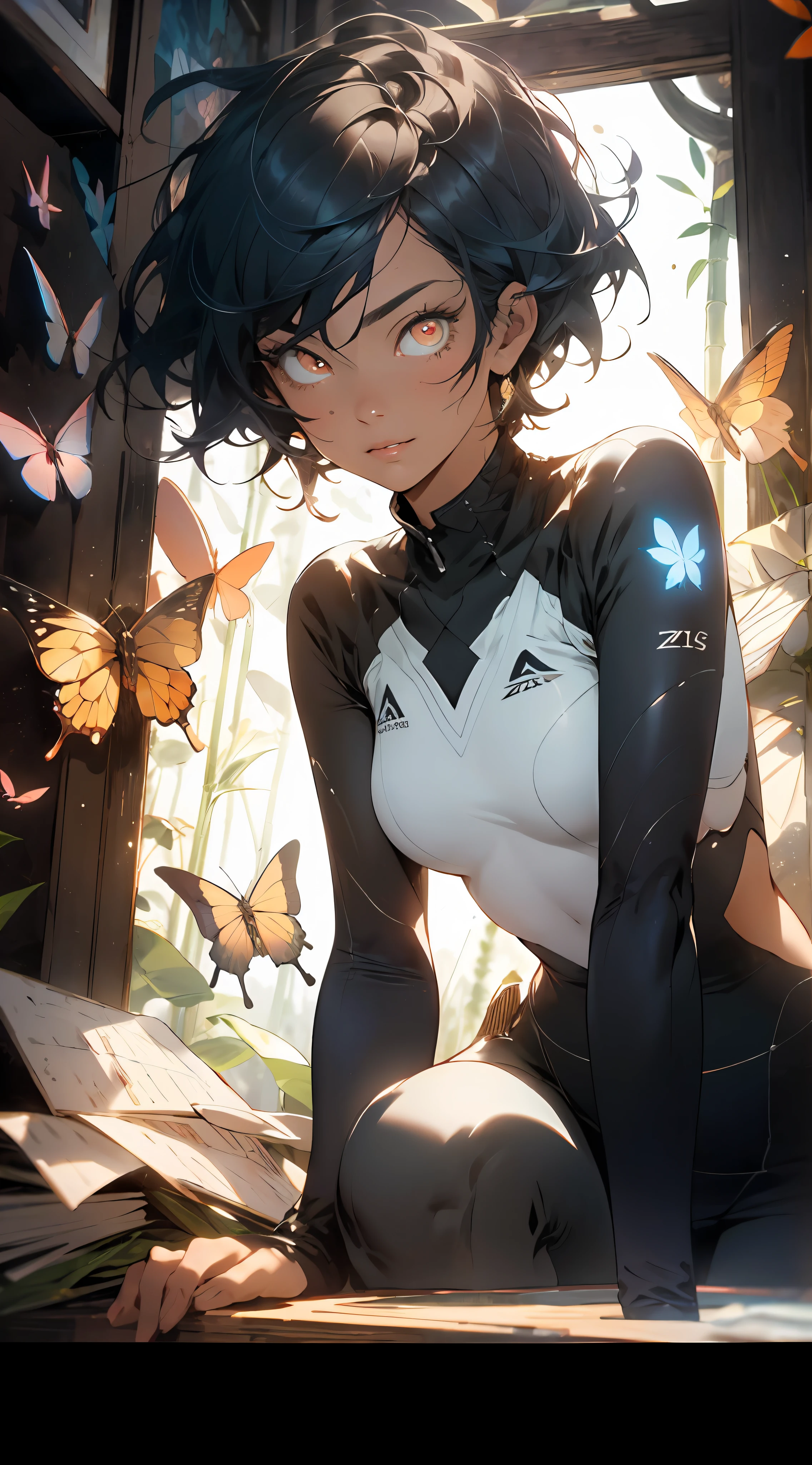 (surrounded by butterflies 1.5), (black and blue hair 1.5), there are many, many butterflies in the picture, the body is facing the picture, sitting cross-legged in a bamboo forest, a mysterious woman 1.5, realistic, gods, butterflies, (first-person view 1.5), (glowing red eyes 1.5))), short hair 1.5, mysterious, (magic), perfect body, tight uniform, dark skin, style art germ, extremely detailed art germ, IG model, (best quality), super detailed, super realistic, Octane Renderer, High Dynamic Range, (HDR), 32K Resolution, Super Resolution, Megapixels, Tyndall Effect, Lens Hare, Shadows, Backlight, Depth of Field, Natural Daylighting, Hard Focus, Film Grain, Mirror Hologram, Ray Tracing, Very Detailed, Fractal Art, Colorful, Most Detailed, Zentangle, (Abstract Background: 1.5),