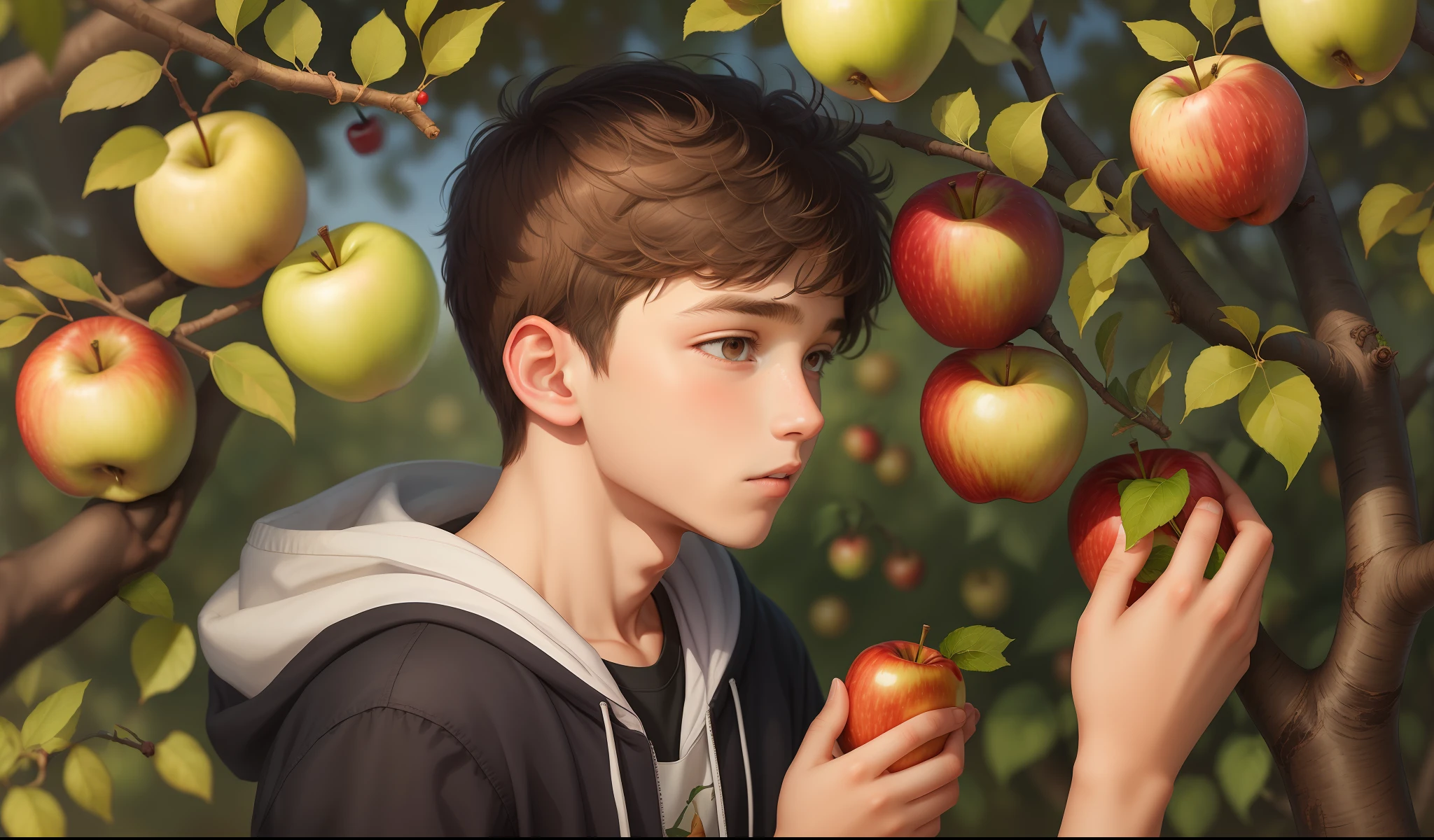 A age boy picking apples on the apple tree