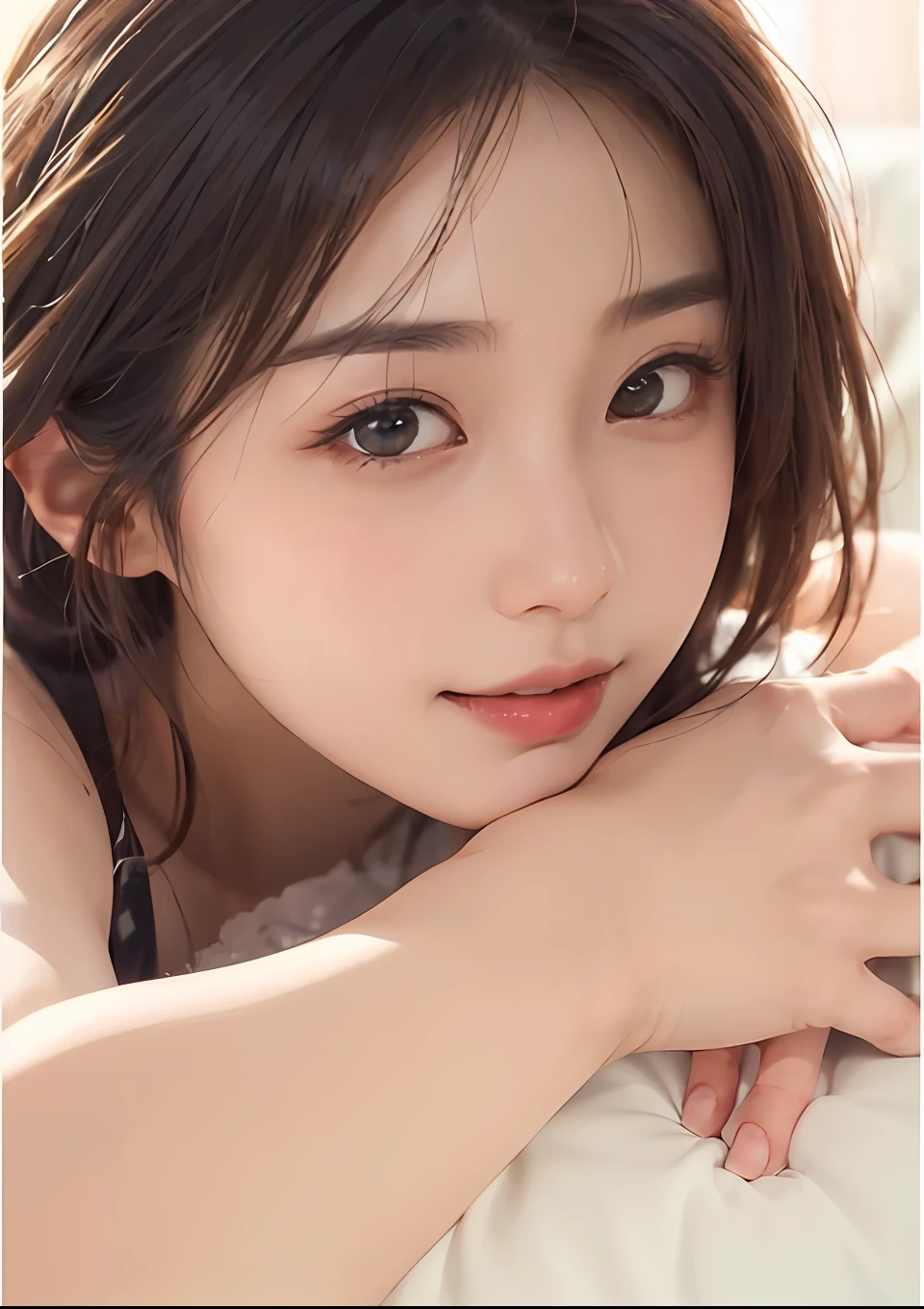 a close up of a woman laying on a bed with her arm on her chest, with cute - fine - face, shiori teshirogi, young pretty gravure idol, young gravure idol, chiho, kimi takemura, chiho ashima, girl cute-fine-face, young sensual gravure idol, ayaka