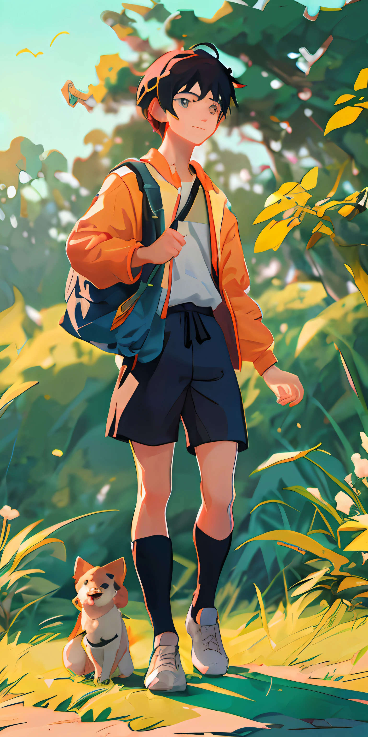 anime boy with backpack and dog walking in the grass, full body portrait of a short!, detailed fanart, by Atey Ghailan, in style of atey ghailan, digital anime illustration, low detailed. digital painting, inspired by Atey Ghailan, artwork in the style of guweiz, in anime style, anime boy, highly detailed exquisite fanart