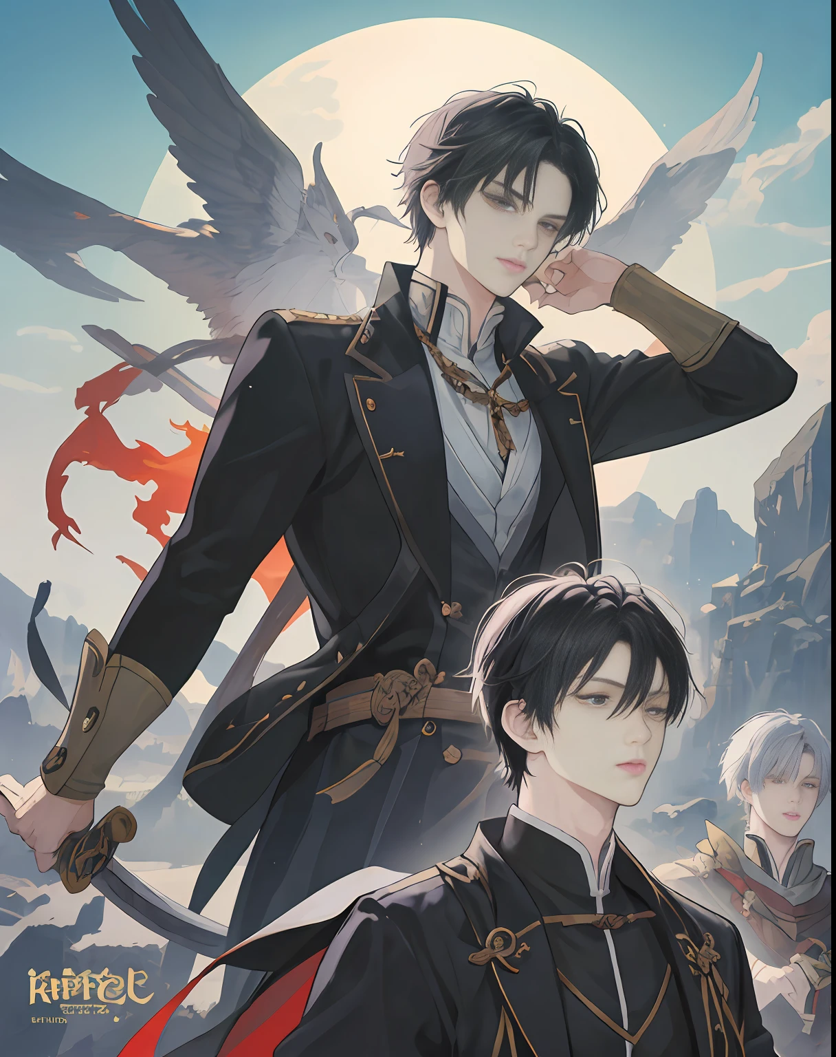 ((top quality, masterpiece)), comic art, man with fire and sword anime characters, Kimetsuno Yaiba, Knight, Sirius A and Sirius B, high quality fan art, from Scripted Academia, inspired by Masanobu Okumura, two anime handsome men, epic anime style, anime posters, detailed fan art, illustrations!, Akihiko Inoue and Rostran
