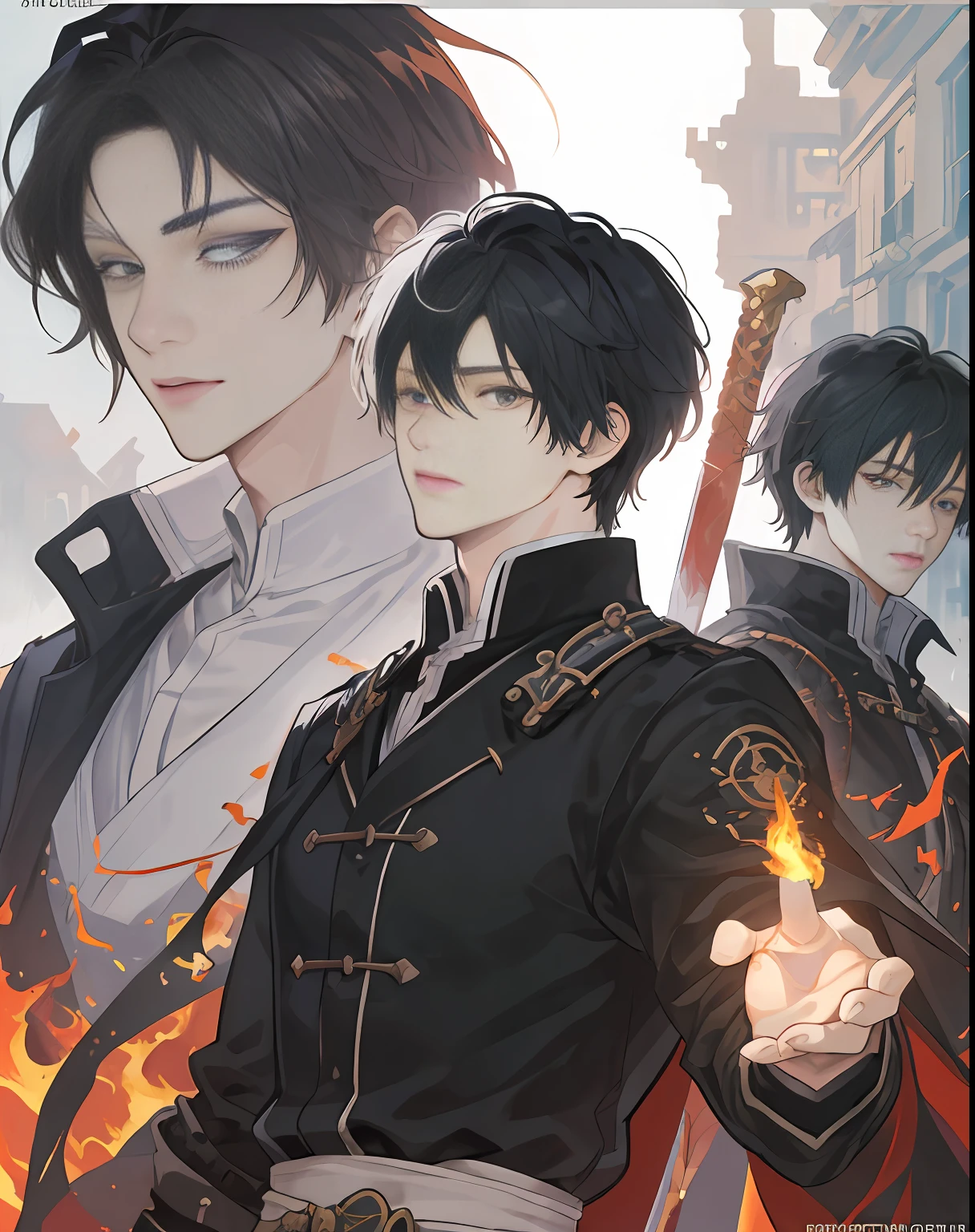 ((top quality, masterpiece)), comic art, man with fire and sword anime characters, Kimetsuno Yaiba, Knight, Sirius A and Sirius B, high quality fan art, from Scripted Academia, inspired by Masanobu Okumura, two anime handsome men, epic anime style, anime posters, detailed fan art, illustrations!, Akihiko Inoue and Rostran