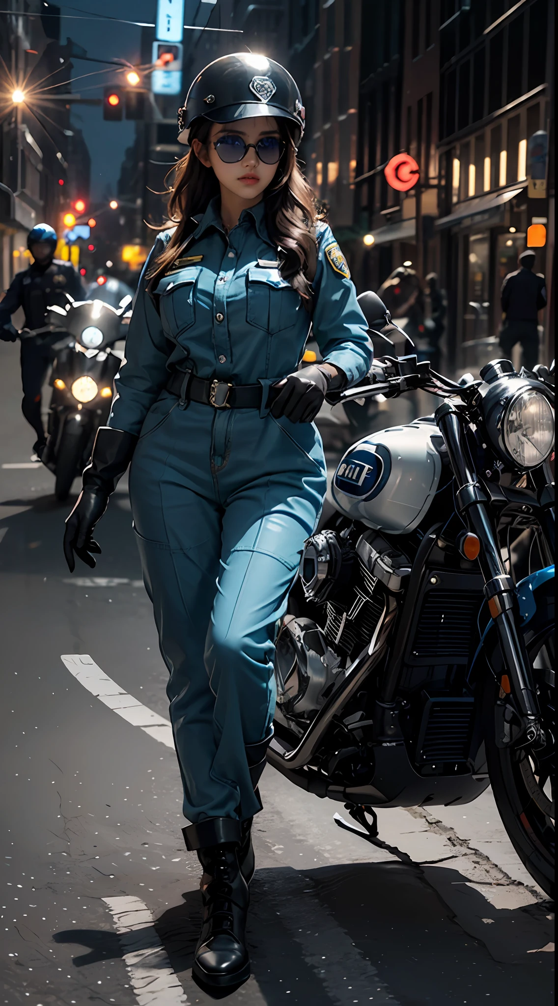 1girl, female policeman, with a delicate and beautiful face, various hairstyles, plump body, wearing a blue jumpsuit police uniform, black tie, black motorcycle boots, white gloves, wearing sunglasses, wearing a helmet, perfect proportions, detailed clothing details, motorcycle, police light effects, future city, high-tech scene, detailed background,