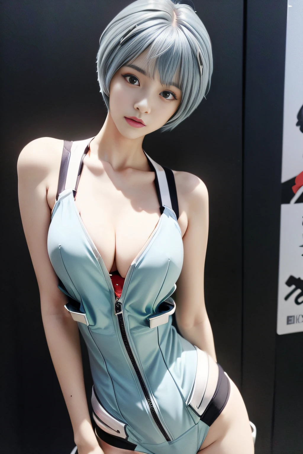 ((Top Quality, 8k, Masterpiece: 1.3)), Sharp Focus: 1.2, Beautiful Women with Perfect Bodies: 1.4, Slim Abdomen: 1.2, (No Bra), (Small Breasts), (Sunny, Military Base: 1.2), Highly Detailed Face and Skin Texture, Detailed Eyes, Double Eyelids, Sexy, ((Cleavage))), ((Rei Ayanami)), (Evangelion)), Cosplay, (Light blue hair)))), ( ((Light blue hair))), ((pixie bob)))), ((bangs)), ((plug suit)))), ((light makeup)), (light clothing)))), ((pose)))), slim girl model, 18-year-old female model, ((serious))