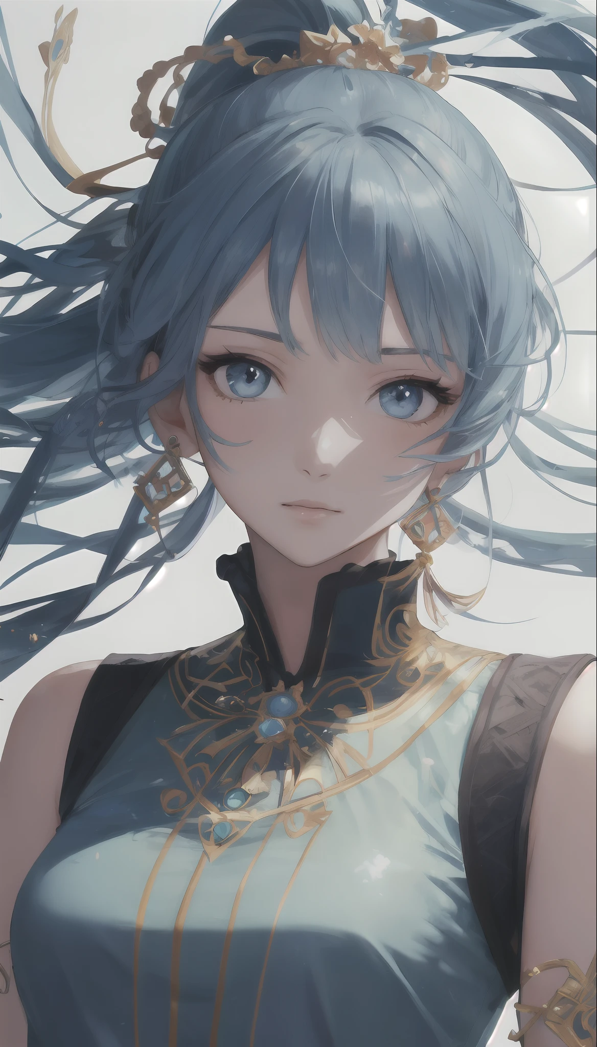 (masterpiece), (best quality), (ultra detailed),(disheveled hair),(illustration), (1girl), (Fashionable clothing), standing, Fashion model, looking at viewer, (interview), (simple background),beautiful detailed eyes, delicate beautiful face, Floating,(high saturation),(colorful splashes),colorful bubble,(shining), focus on face,  ponytail, kamisato ayaka, light blue hair, bangs, hair ring, floating flowers, floating hairs, (shining), best lighting, best shadow,