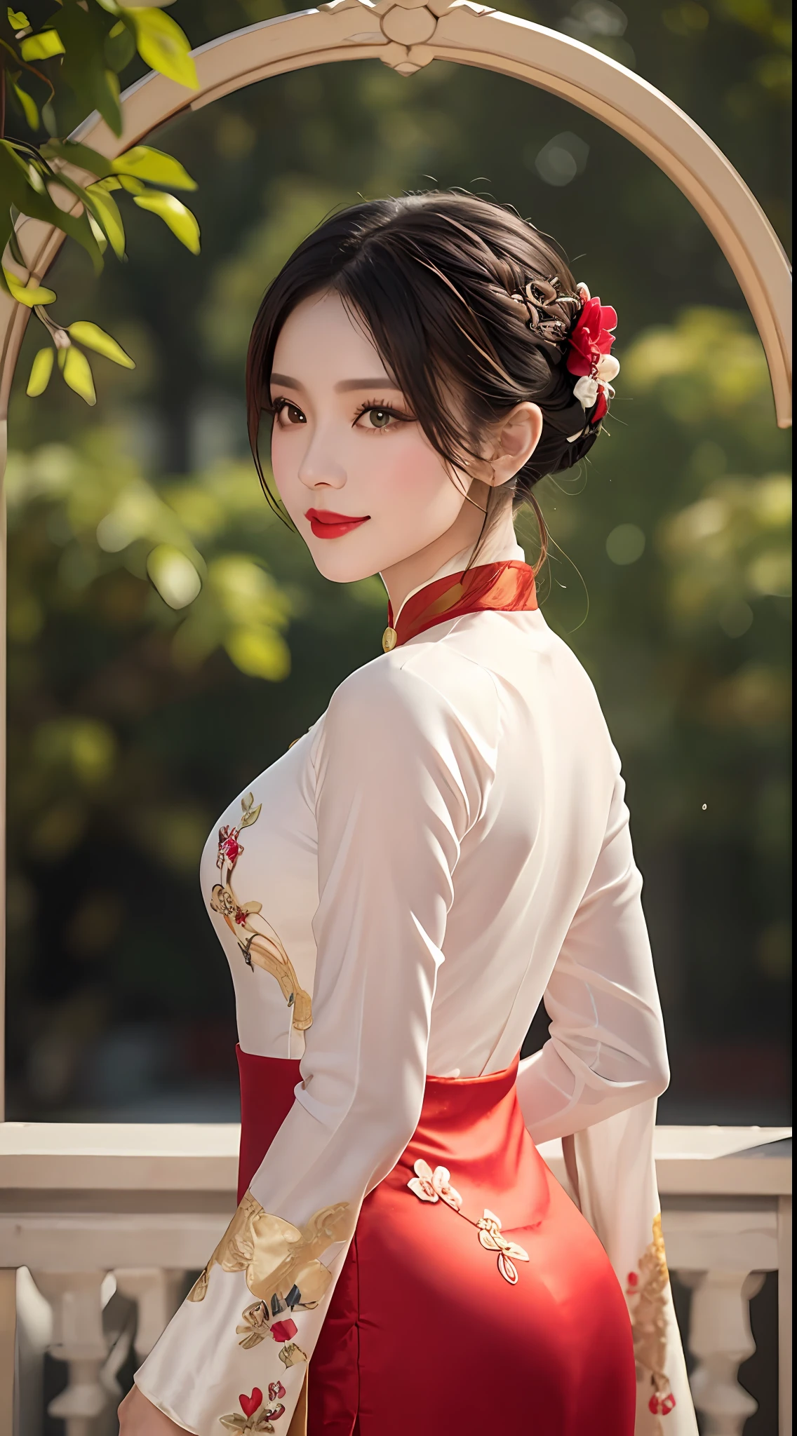 1 very pretty girl, solo, 27 years old, girl wearing bridal ao dai, long dress and hair jewelry, young girl wearing white ao dai, red and yellow silk pants, red and white hugging ao dai, thin ao dai fabric, wearing with ao dai, luxurious and mysterious dark color version, hair jewelry with many sophisticated patterns, head jewelry, red lips, thin and beautiful lips, captivating smile, beautiful details, detailed background detailed, super detailed, magic lighting, nice lighting effects, clear face, shoulder length hair, beautiful and well proportioned face, (transparent yellow eyes : 1.8), big round eyes and very beautiful and meticulous, wearing a silk dress, mysterious makeup, jewelry on ao dai, bangs flat and dyed in light yellow, medium-sized, even breasts, big buttocks, flat stomach, body curves perfect girl, girl's portrait, upper half, hanging, Real and alive, (stars: 1.7), (sky of the zodiac: 1.8), fiction , RAW photos, Vietnam Ao Dai photos, beautiful photos best, 8k, best quality 8k photo, surreal, most realistic,