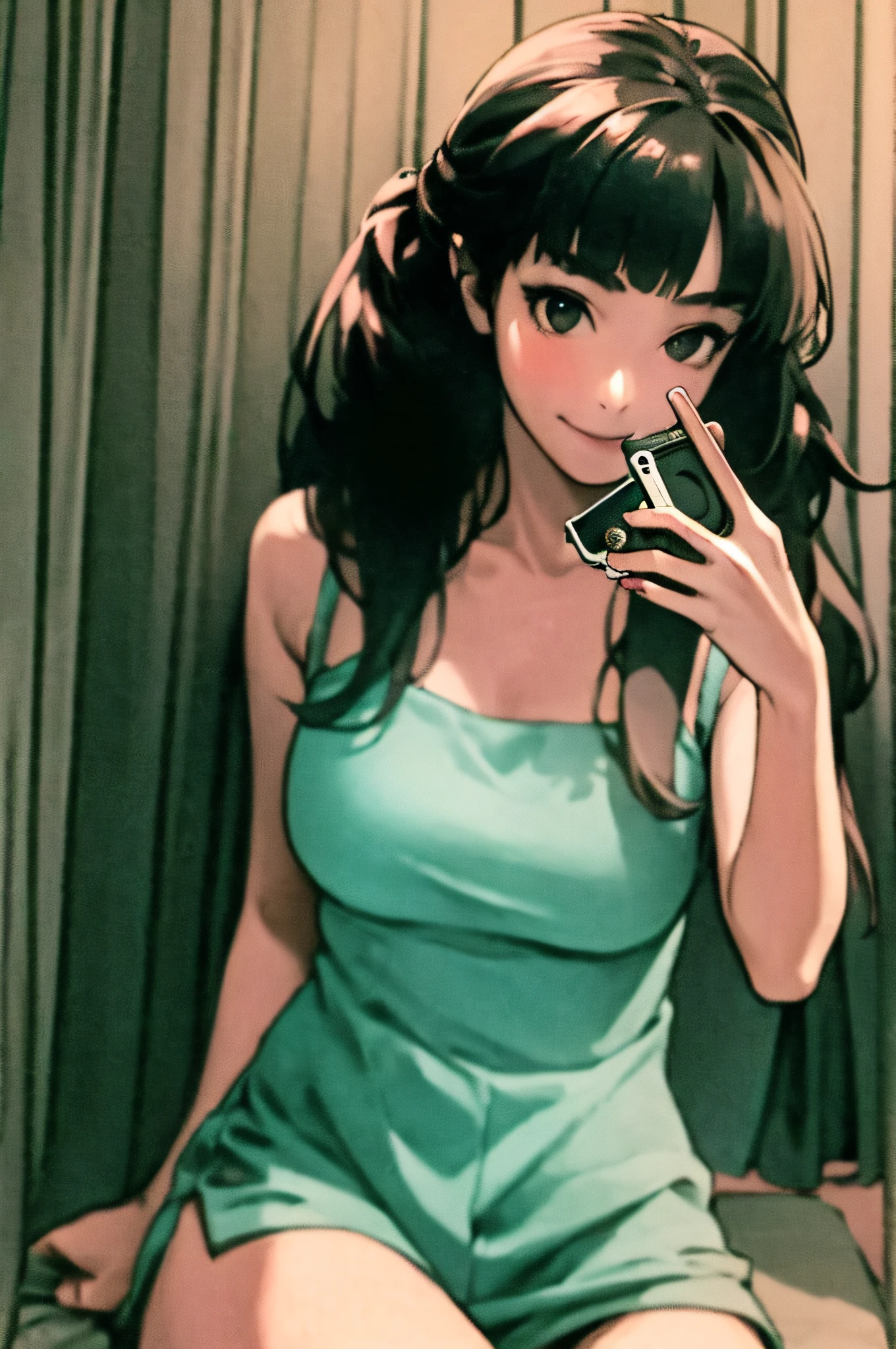 Masterpiece, Best Quality, 1 Girl,long_hair,Light Smile, Blunt Bangs, Sitting on Bed, Selfie, Cowboy Shot, (shot_hair:2),
(Reality: 1.5), cinematography,