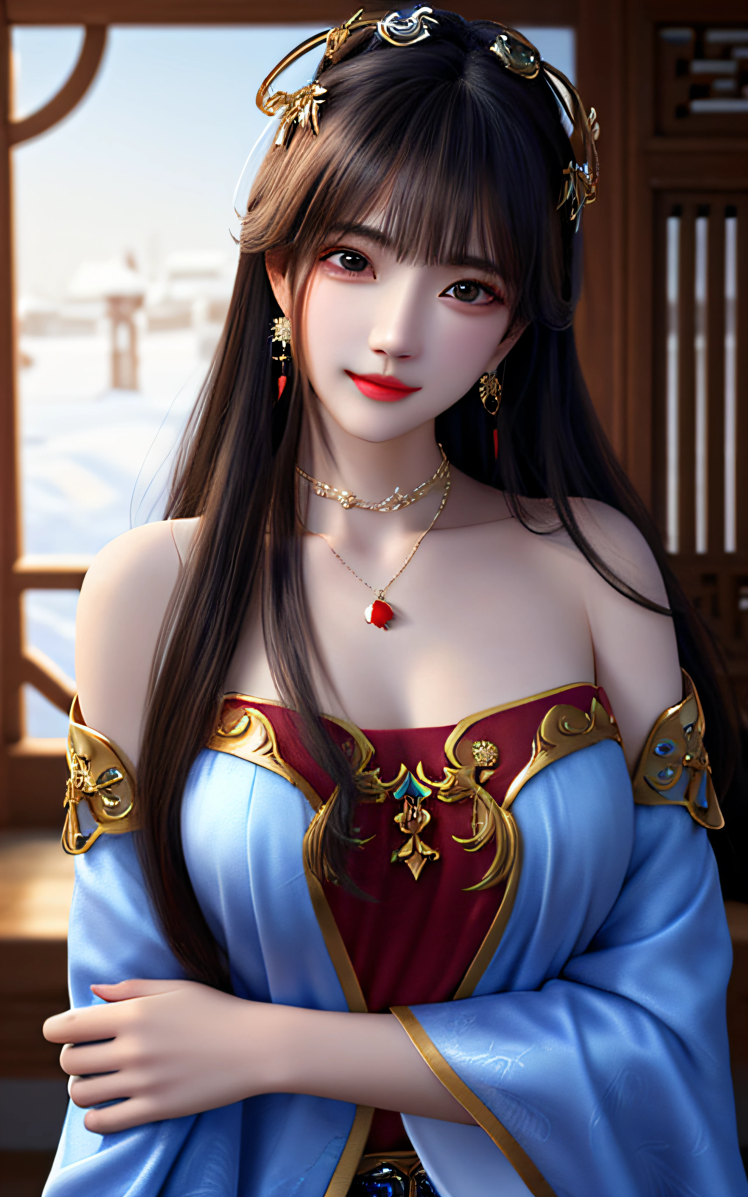 ((extremely detailed CG)), ((8k_wallpaper)), (masterpiece),best quality, high resolution illustration, hyperdetailed, highres,((Overexposure)),
bare shoulders,(Upper body),head tilt, seiza, seductive smile,
1girl,long hair,beautiful_face,Highly detailed and beautiful eyes,(an extremely delicate and beautiful),(Beautiful and detailed facial depiction),Mature women
Chinese antique clothing,White and blue Taoist robe,earrings,necklace,
Winter snow,((bust
Body))