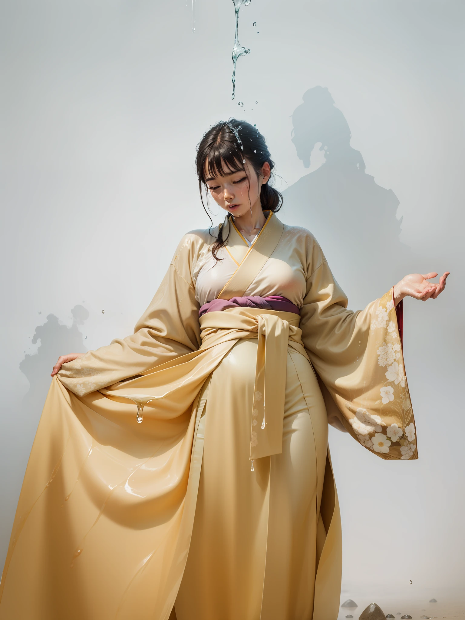 Soaking wet kimono, water dripping from kimono