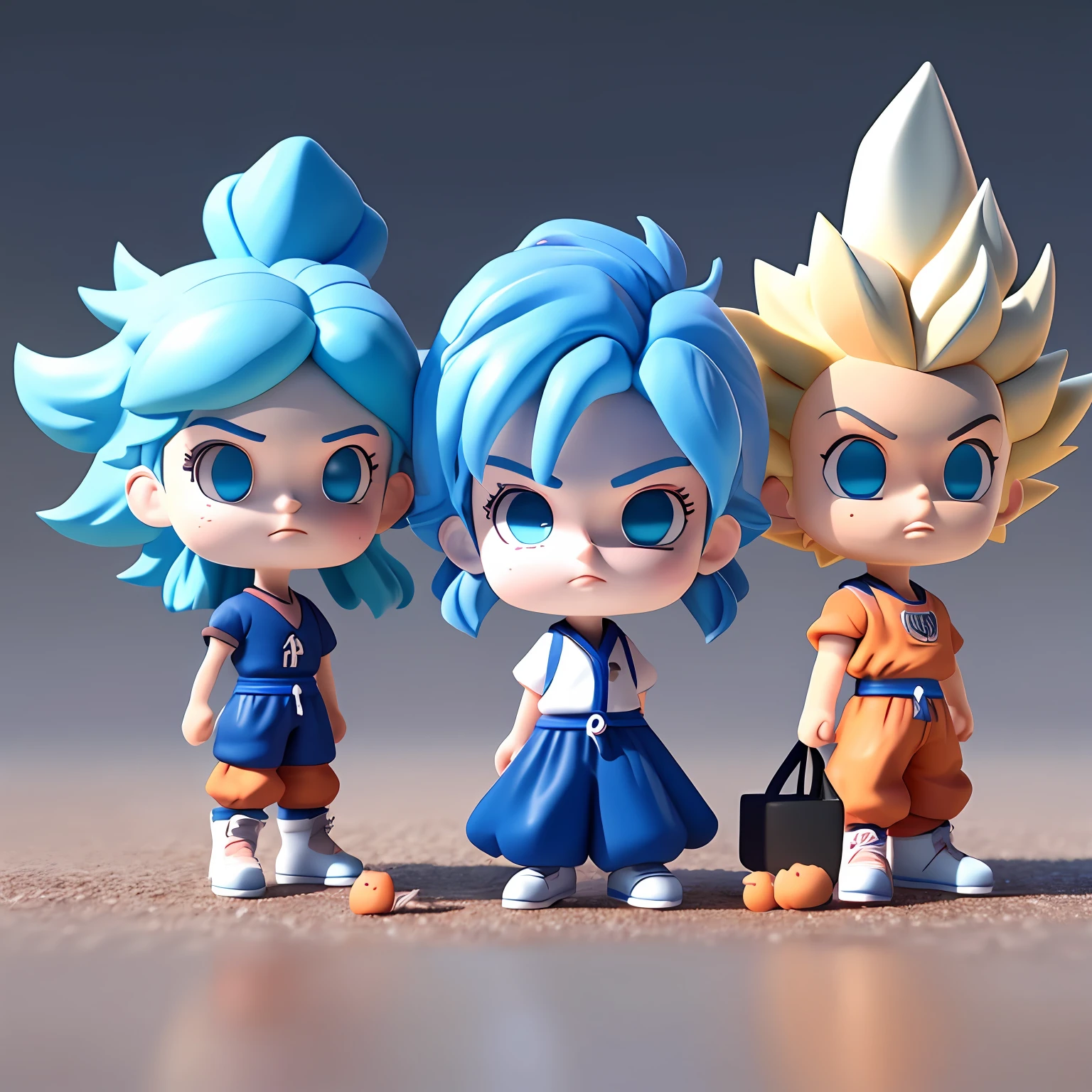 Goku, super saiyan, exquisite hair, arm depiction, white and blue hair body, exquisite shoes, facial features depiction, exquisite facial features, eye depiction, exquisite hair, popmart blind box, clay texture, stepping on the ground, black and white background, natural light, best quality, ultra detail, 3d art, c4d, oc renderer, 3d render, 8k