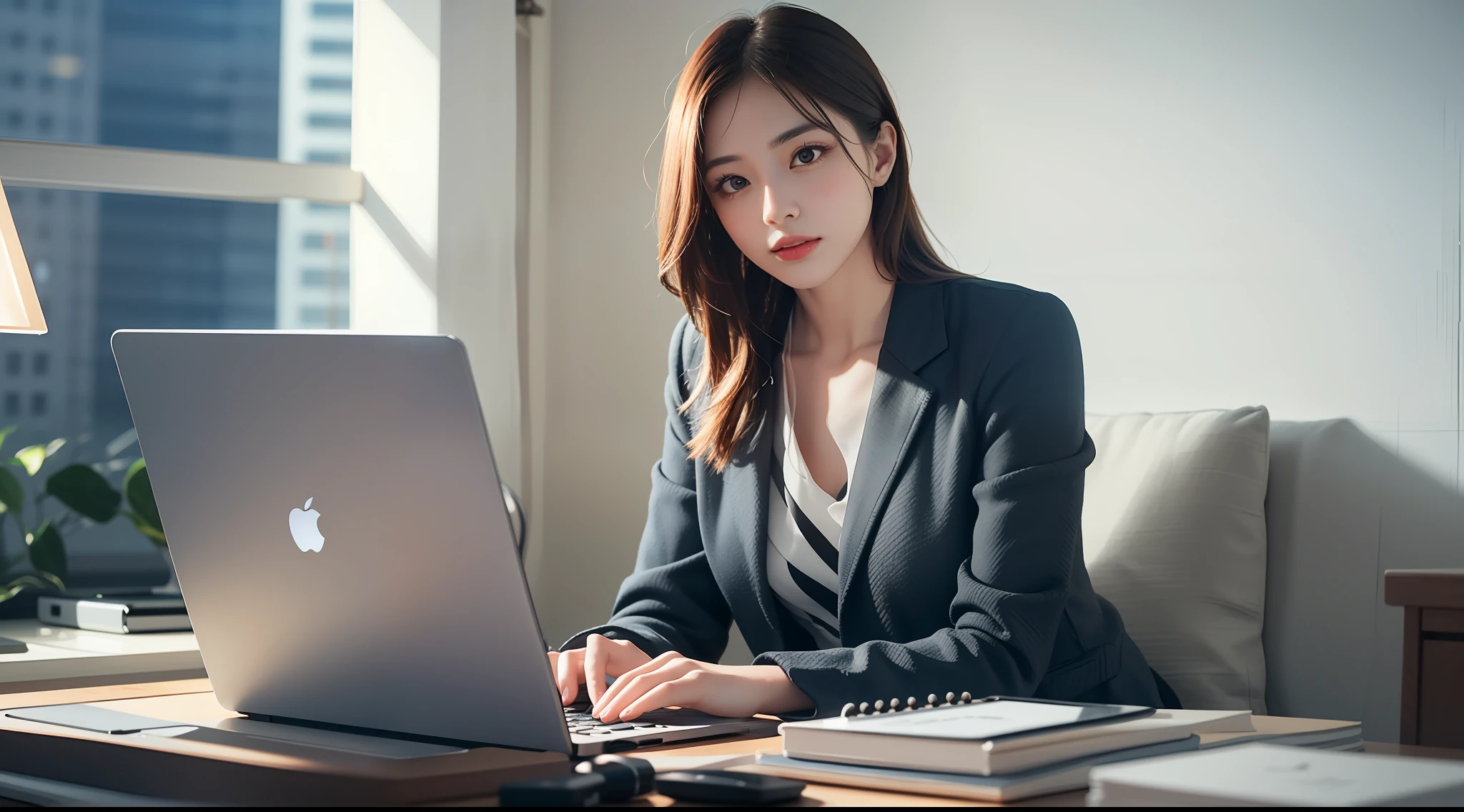 beautiful lighting, real life, beautiful professional women, sitting in front of computer doing work, eye looking to camera, full body view, , intricate, high detail, sharp focus, ultra realistic, 8K, masterpiece, best quality, high quality