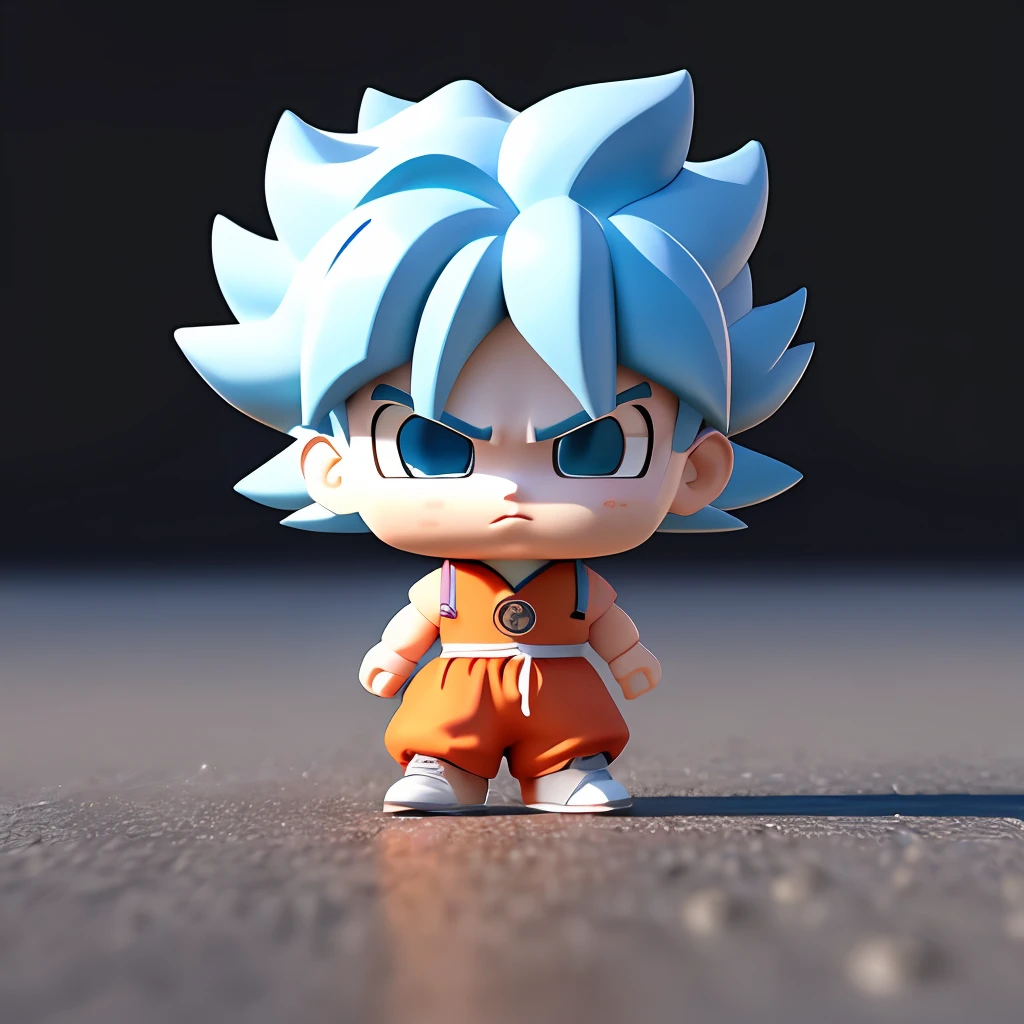 Goku, super saiyan, exquisite hair, arm depiction, white and blue hair body, exquisite shoes, facial features depiction, exquisite facial features, eye depiction, exquisite hair, popmart blind box, clay texture, stepping on the ground, black and white background, natural light, best quality, ultra detail, 3d art, c4d, oc renderer, 3d render, 8k