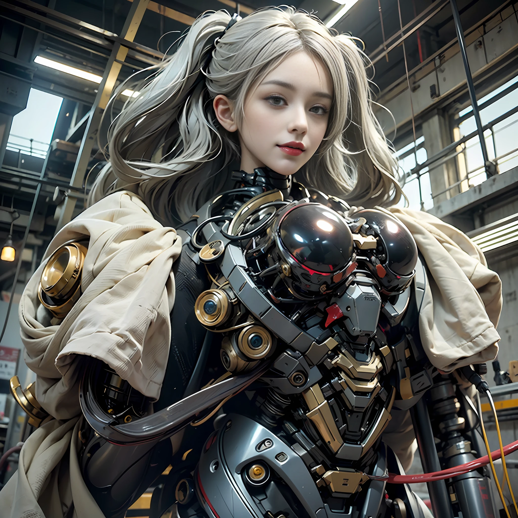 Beautiful Face,face is Japan, 1 Woman, Big, Curvaceous, (16k, RAW photo, top quality, masterpiece: 1.2), (HDR, Realistic, Photorealistic: 1.37) (tube attached to the body), (Bikini Cyborg robot parts)))), (light gray hair), Long hair, Wavy hair, Twin tails, Medium shot, ( Seductive smile)), (black eyes), double eyelids, princess cut, from below, (whole body),posing,,in the lab,( tube connected to blood vessel),((mechanical vertebrae attached to the back)),((mechanical neck attached to the neck)),(wire and cable attached to head and body),(character focus),science fiction,perfect female figure,perfect anatomy, hyperanatomy, full body shot, relationship between up to 4 fingers and 1 thumb, spherical joint,