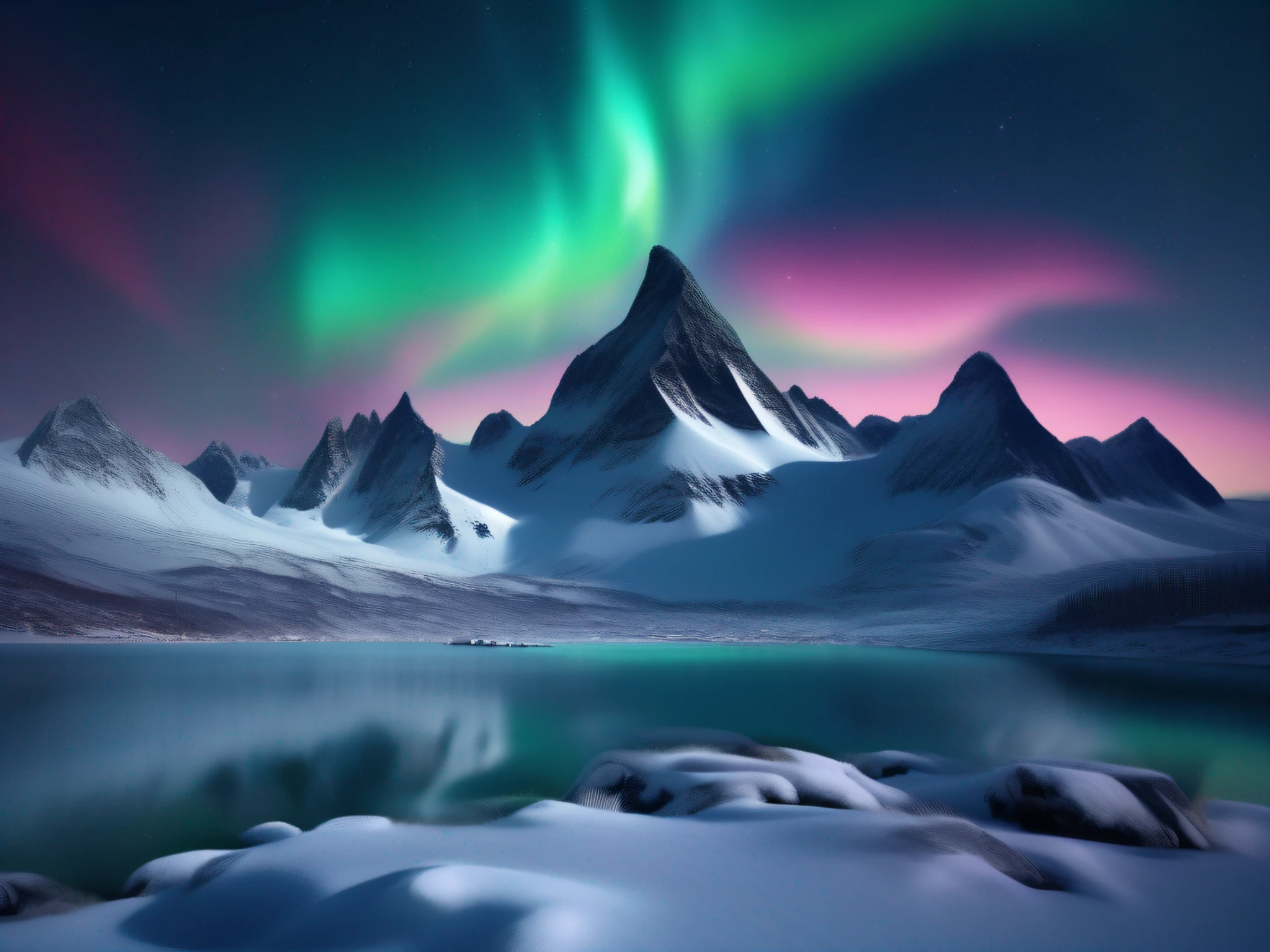 (8k, RAW photo, top quality, masterpiece: 1.2), ultra detail, super resolution, (realistic, real photo: 1.37), (realistic: 1.2), high resolution RAW color photo, professional photo, very detailed and beautiful, super high quality, 8k wallpaper, amazing detail,) mysterious Nordic, magnificent mountains, aurora dancing, brilliant night sky, natural wonders, quiet valleys, dreamy scenery, glacial lakes, winding paths, between heaven and earth