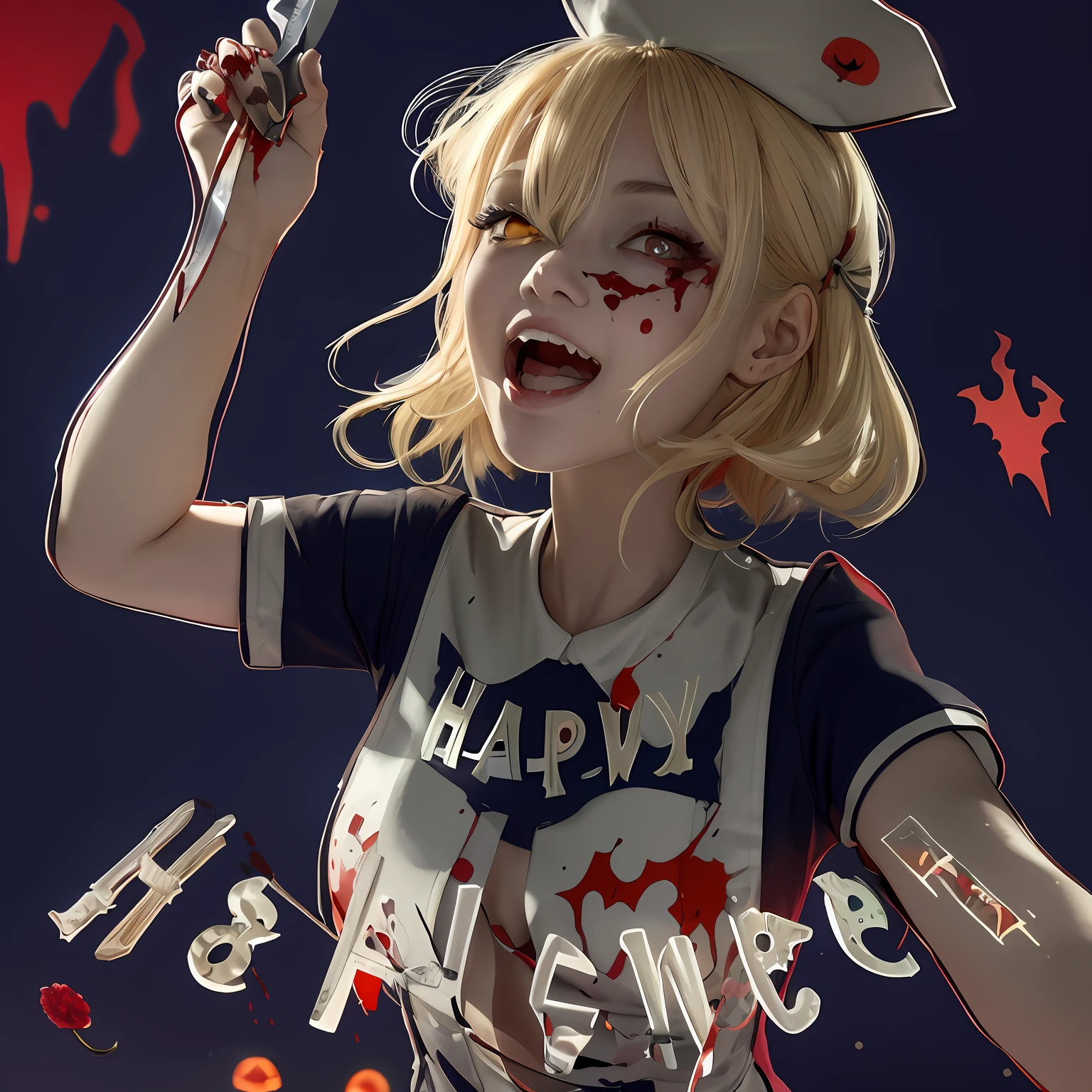 there is a woman with a knife in her hand and blood on the ground, in a halloween style, gapmoe yandere, yandere, happy!!!, halloween, halloween art style, gapmoe yandere grimdark, nurse girl, by Shingei, ❤🔥🍄🌪, zerochan, by Ei-Q, 2 d anime style