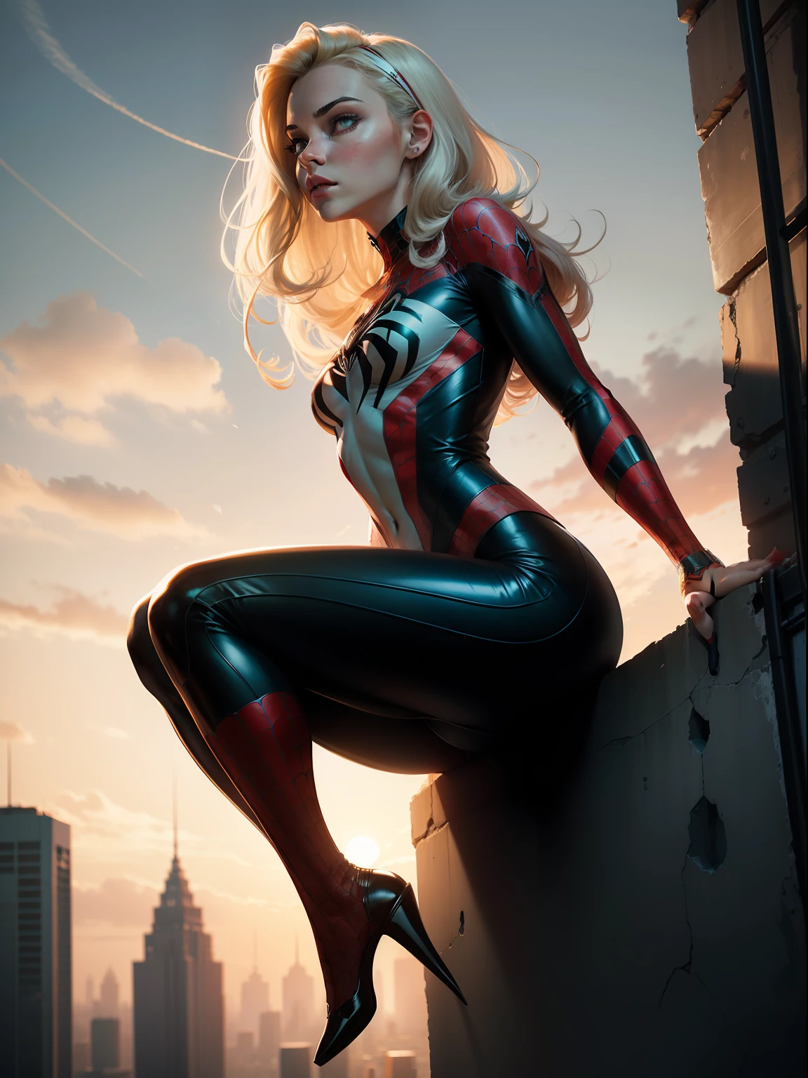 "Gwen, a girl with spider-like abilities, gracefully perched atop a towering structure."