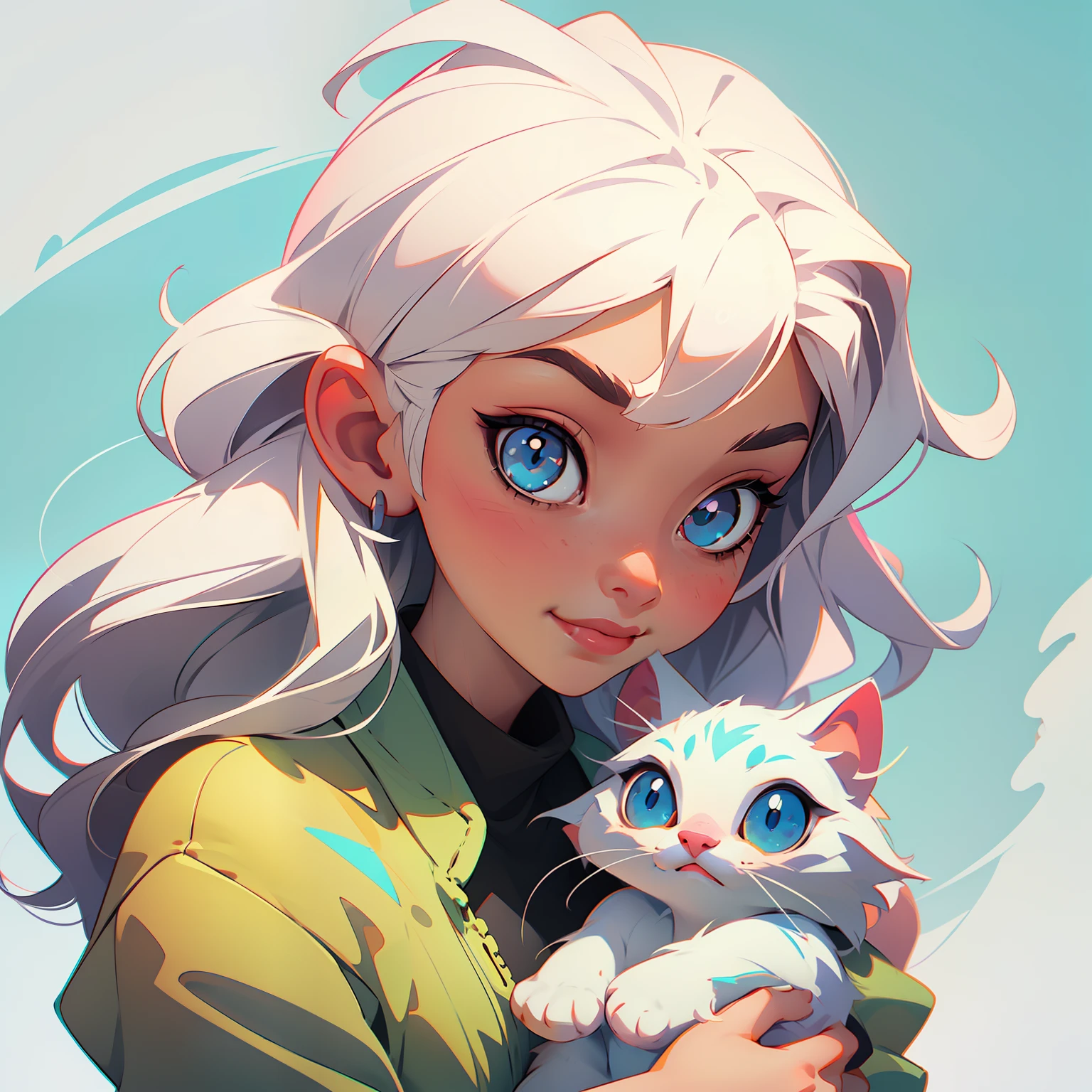 Cute trendy girl, happily holding a white cute kitten, Pixar style, delicate facial features, premium color scheme, bright colors, rich background, fashion trend, art, best quality, c4d, BlenderC, renderer, 8k