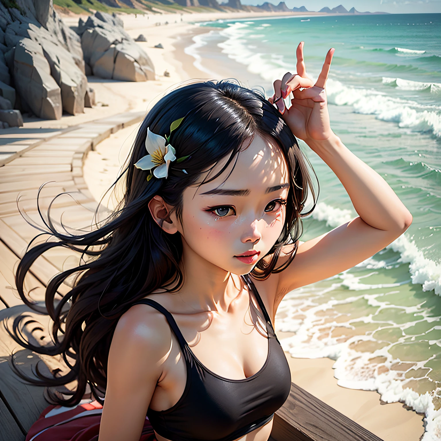 Leng Ao, girl, by the sea, 16 years old, beautiful, pretty, cartoon, --auto