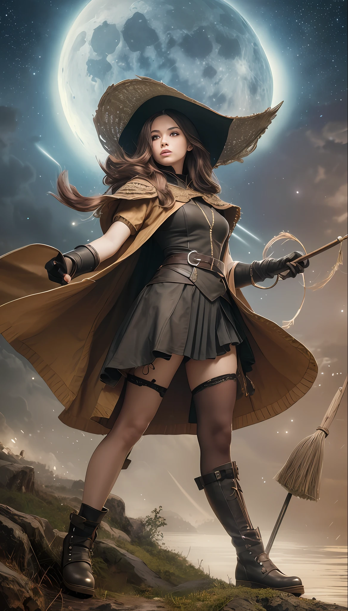 Top quality, ultra detail, illustration, 1girl, solo, fantasy, night sky, outdoors, magic, spell, moon, star, cloud, wind, hair, cape, hat, boots, broom, shining, mysterious, cape, capical, capical, capricious, capricious, playful, adventurous, freedom, wonder, imagination, determination, skill, speed, movement, energy, realism, naturalism, figurative, expression, beauty, fantasy culture, mythology, fairy tale, folklore, legend, witch, wizard, fantasy world, composition, scale, foreground, midpoint, background, perspective, light, color, detail, beauty, wonder.