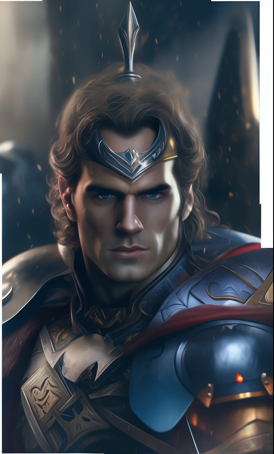 a close up of a man with a sword and a blue eye, henry cavill as a warrior, henry cavill as arthas menethil, henry cavill as a space marine, herry cavill, henry cavill as batman, japanese dc live-action movie, henry cavill as a greek god, henry cavill is a greek god, henry cavill!!!, portrait of henry cavill