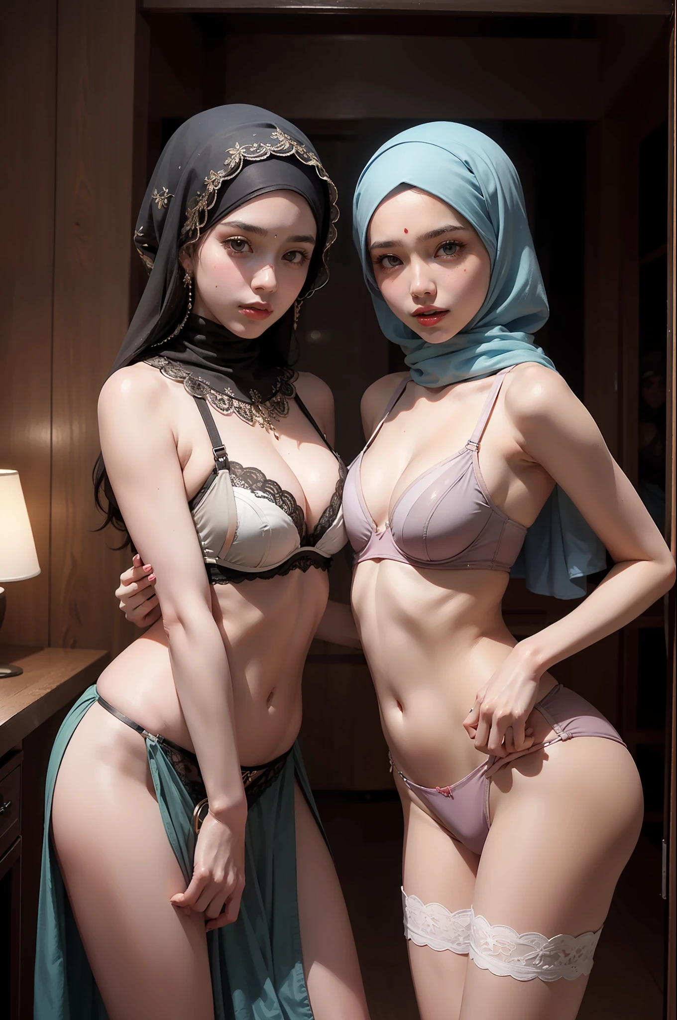 Photo of 2 girls standing close to each other one wearing hijab bra and panty,other one wearing a sexy transparent sari , seductive,erotic hot , highly detailed