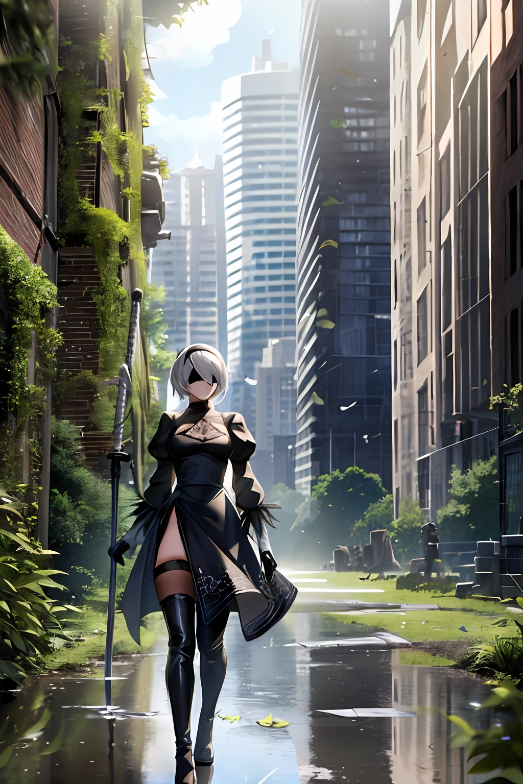 yorha no. 2 type b, 1girl, absurdres, black blindfold, black dress, black hairband, blindfold, blue sky, boots, building, city, cloud, covered eyes, debris, dress, feather-trimmed sleeves, feather trim, from below, gloves, grass, hairband, high heel boots, high heels, highres, juliet sleeves, katana, leather, leather boots, long sleeves, nier \(series\), nier automata, outdoors, overgrown, pod \(nier automata\), post-apocalypse, puddle, puffy sleeves, rubble, ruins, scenery, sky, thigh boots, thighhighs, thighhighs under boots, water，long hair