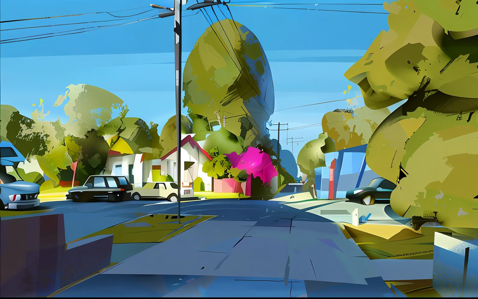 there is a cartoon picture of a street with cars and trees, low detailed. digital painting, painterly illustration, by Craig Thompson, digital painting concept art, digital 4k painting, nicolas bouvier sparth, painterly concept art, jen bartel, painting by android jones, vibrant digital painting, glen orbik, digital cartoon painting art