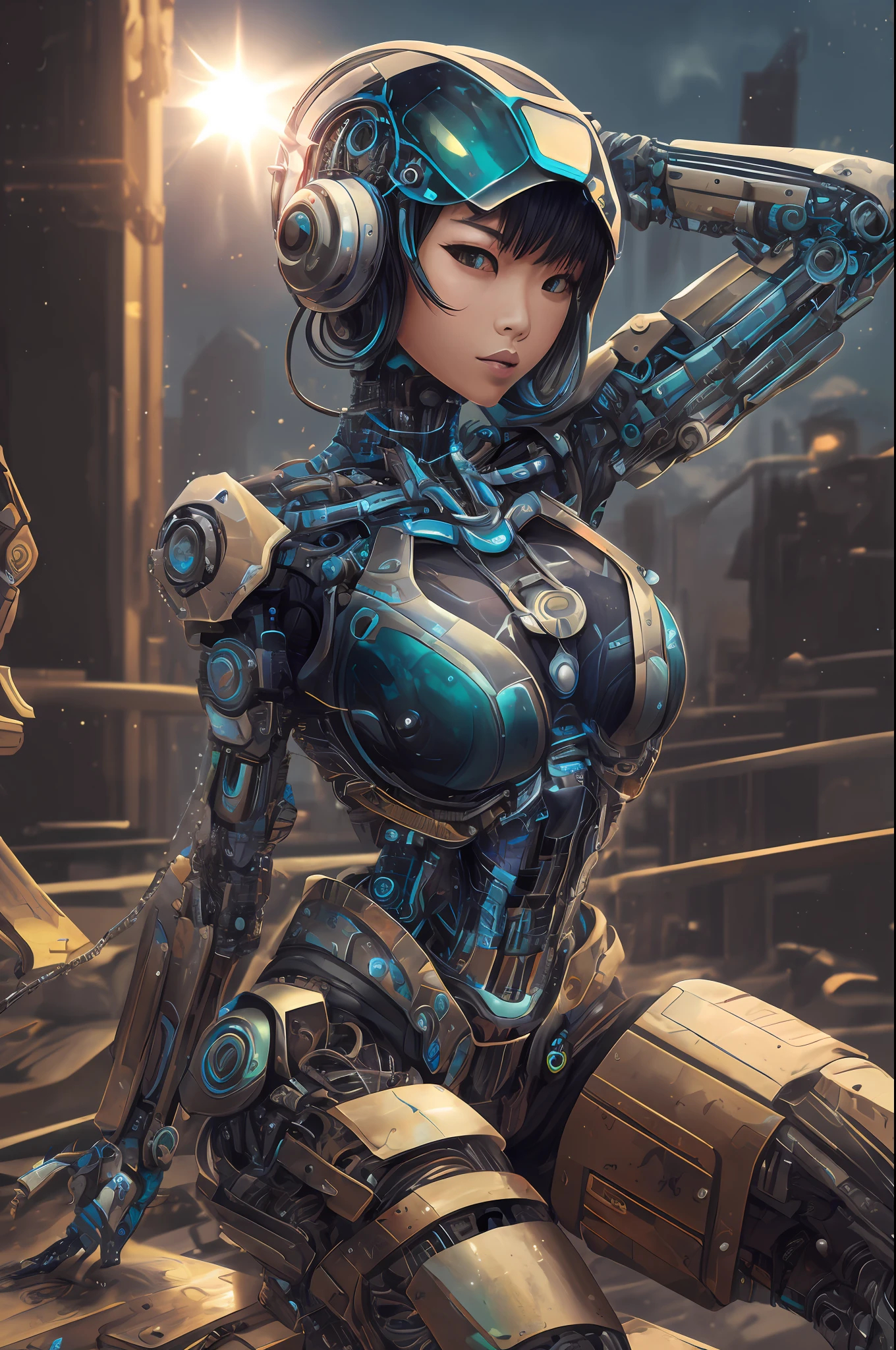 ultra realistic 8k cg, (futuristic:, perfect artwork, masterpiece, futuristic city, futuristic era, mechanic, fantasy), (((detailed background)))sexy 20yo asian woman muscular cyborg fresh model,amazing stunningly beautiful, sitting, looking at camera, black bobcut wavy shiny hair, 50mm portrait, glamour, soft curves, gigantic ass, wide hips, full wet lips, cybernetic perfect body, perfect abs, 3d, ultra realistic, sun, ChilloutMix --auto --s2
