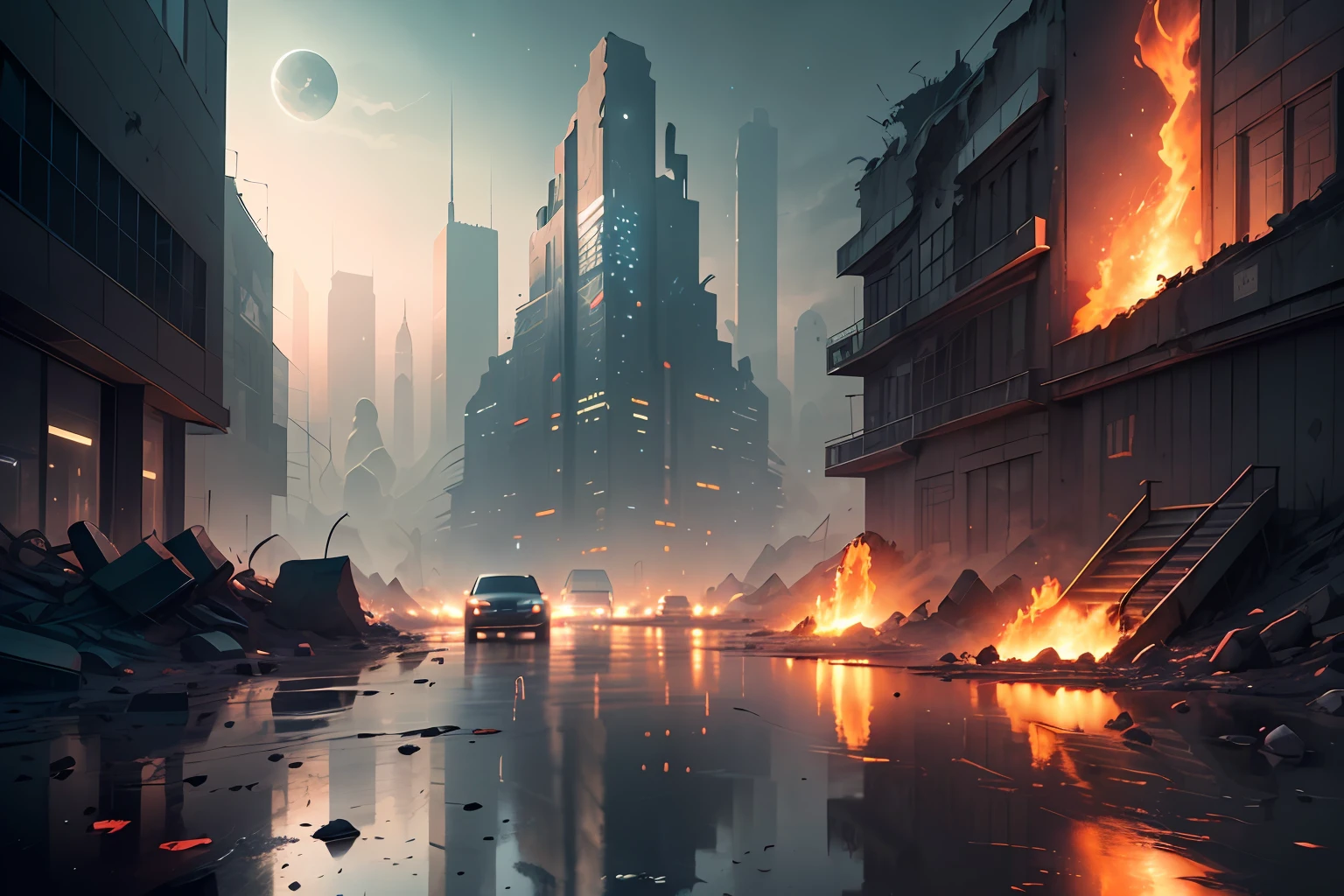 (Very detailed CG unified 8k wallpaper), (Masterpiece), (Best quality: 1.2), (High resolution), (Illustration: 1.1), (Cinema light: 1.1), Fine, Complex Detail, (Best Illustration), 8k resolution, Complex Detail, Best Quality, Real, Ultra detailed, Best lighting, Best shadows, Ultra HD, cryengine, Ultra HD, (Detailed reflections), Detailed shadows, (((Complex Details))), smooth, (( Perfect shadows)), high-quality metallic texture, metallic luster, highly detailed illustrations, (semi-realistic: 1.6), (wide-angle lens: 1.2), futuristic cities, distant fire explosions, smoke rising from skyscrapers after nuclear explosions, wet roads, puddles, sky red, moon red, (((ghost action inspired))), street view, dynamic camera angle, (((high-quality detailed ruins))), (depth of field), ((cinematic lighting)), ((horror)), (( Dark Fantasy)), lovecraftian, spot color, monotony, red, splattered blood, (best illumination), (hyper intricate details), (ultra-detailed), 4k unity, (extremely detailed CG: 1.2), (8k:1.1), ((landscape)), Artstation, ((sui ishida, Lin Wenjun, stefan morrell)), dystopian art, apocalypse art, ((semi-realism), (realism), (dynamic), (nixeu_basic2:0.5), --v6