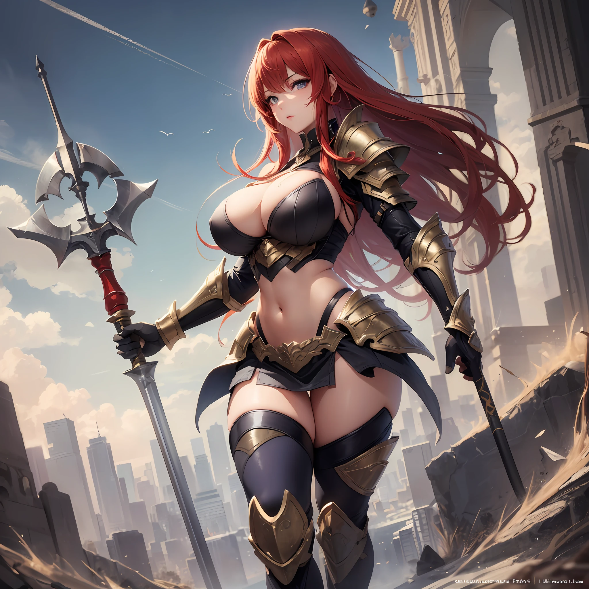 Masterpiece, Top Quality, Very Beautiful Girl, Beautiful Face and Eyes, Beautiful Hair, Solo, 1 Woman, Full Body Drawing, Dynamic Angle, (Armor: 2), Red Hair, Long Hair, Navel Out, Skirt, Battle Axe, Perfect Bust, Taut Breasts, Amazing Bust, (Huge Breasts: 2) Tall