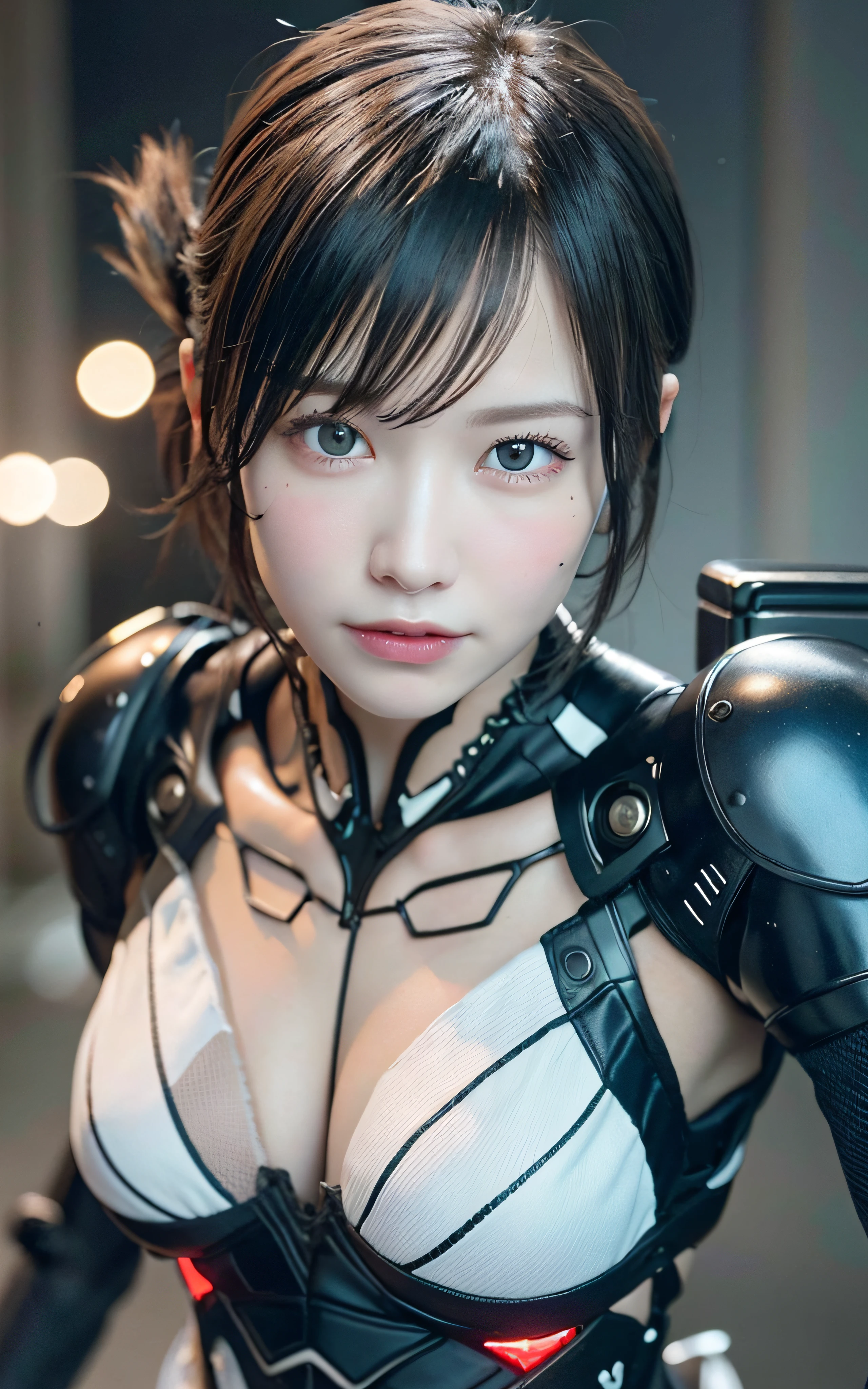 Complex 3D rendering of porcelain female cyborg with super detail, one girl (natural skin texture, realistic eye details: 1.2), robot parts, beautiful soft light, rim lights, vivid details, gorgeous cyberpunk, surrealistic, anatomical, facial muscles, cable electric wire, microchip, elegant, beautiful background, octane rendering, apple style, 8k, Top quality, masterpiece, illustration, very delicate and beautiful, CG, unity, wallpaper, (realistic, photorealistic: 1.2), wonderful, fine details, masterpiece, top quality, official art, highly detailed CG Unity 8k wallpaper, incredibly absurd, sexy robot, mechanical skeleton, android, surrealism, doomsday wilderness, (high-tech prosthetics: 1.2), Fluffy black short hair, perfect body, intricate dark blue blood vessels, fighting stance, fighting pose, running, dynamic pose