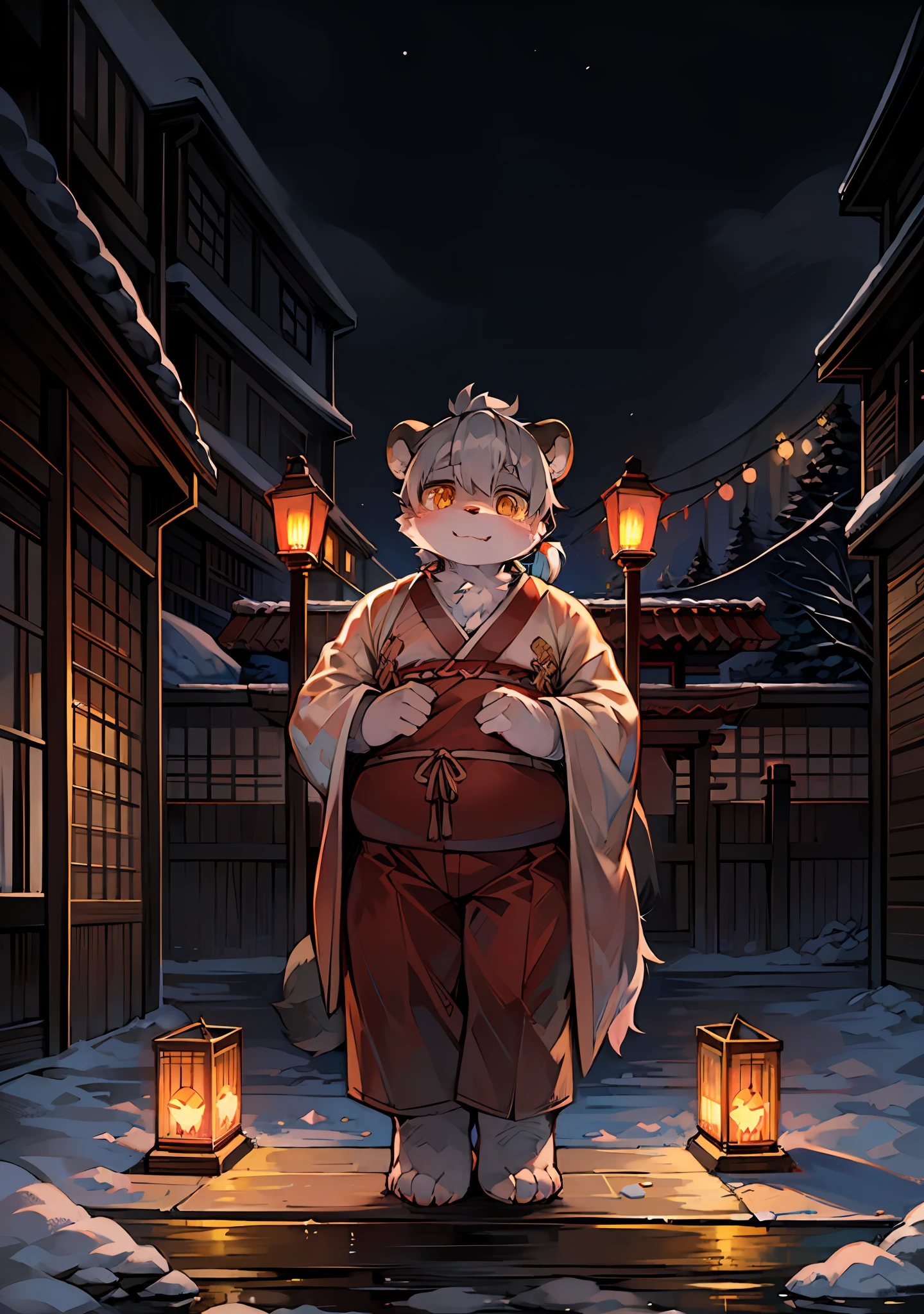 masterpiece, high quality, abstract res, digital painting\(artwork), by dagasi, yupa, kiyosan, (anthro, fluffy fur, character focus:1.1), anthro male panda, short hair, portrait, night, Kong Ming lantern, Snow, bright eyes, panorama, japanese garden, poolside, character focus, solo, furry, furry male, panda, obese, male focus, anthr, (full body fur, fluffy tail, short tail, white fur, golden eyes, gray hair, single ponytail), (carnivore bears, samurai), white kimono, standing